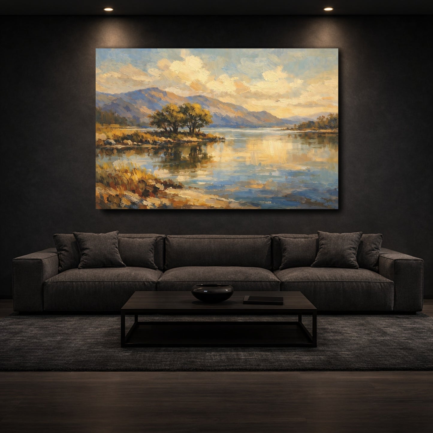 Mockup 2. Nature Lake Landscape Gold And Blue Landscape shown as stretched canvas wall art