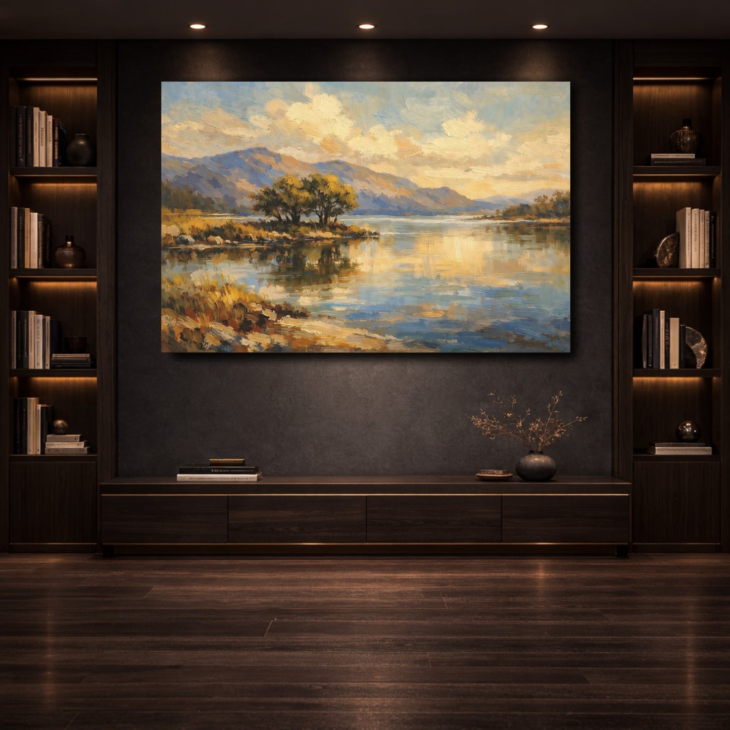 Mockup 3. Nature Lake Landscape Gold And Blue Landscape shown as stretched canvas wall art