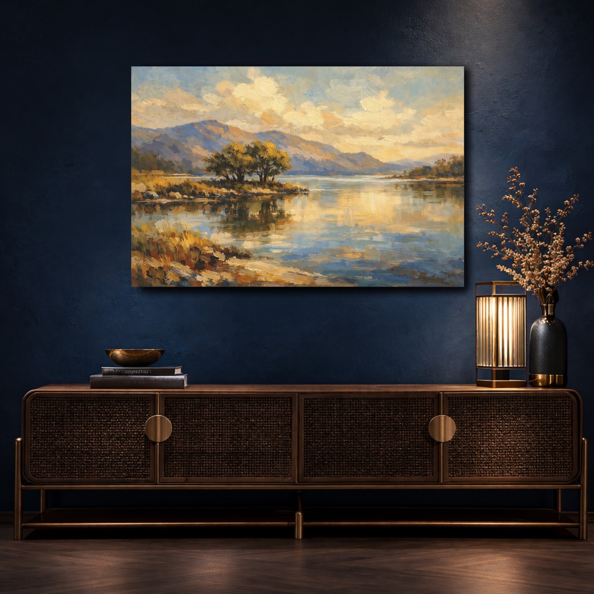 Mockup 4. Nature Lake Landscape Gold And Blue Landscape shown as stretched canvas wall art