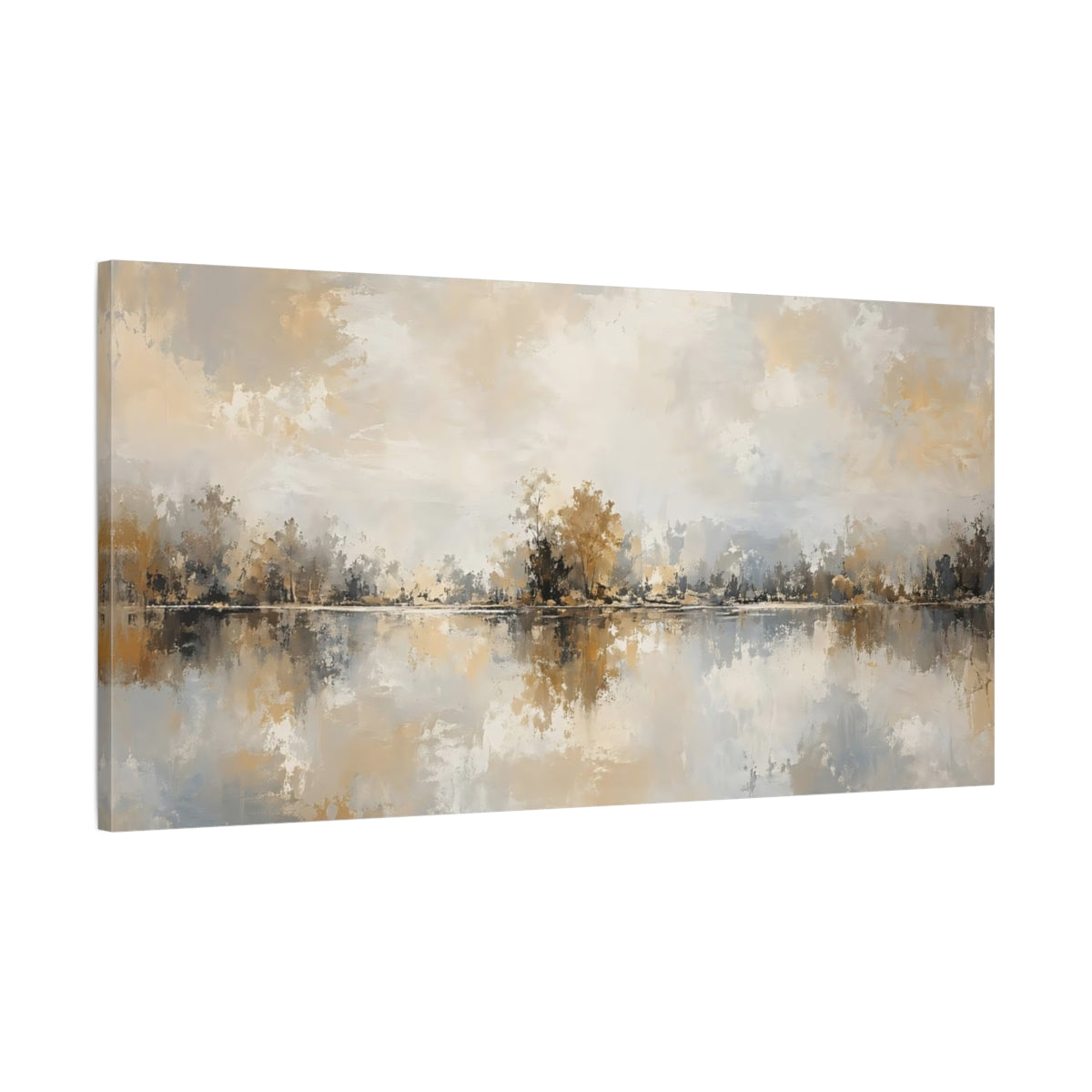 Main Mockup. Nature Lake Landscape Gold And Gray shown as stretched canvas wall art