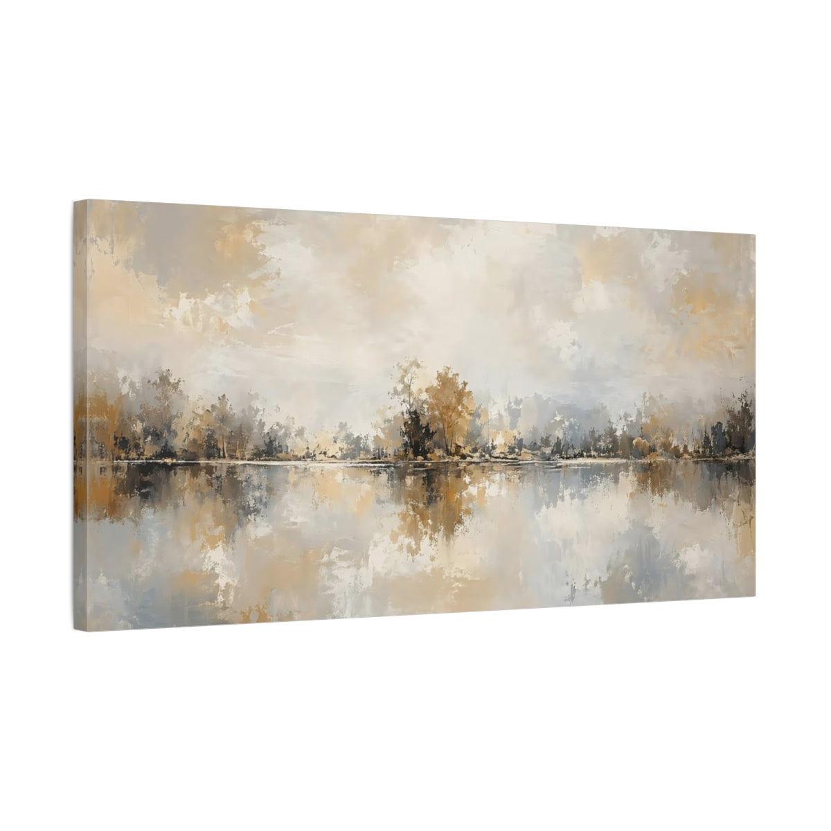 Side Mockup 1. Nature Lake Landscape Gold And Gray shown as stretched canvas wall art