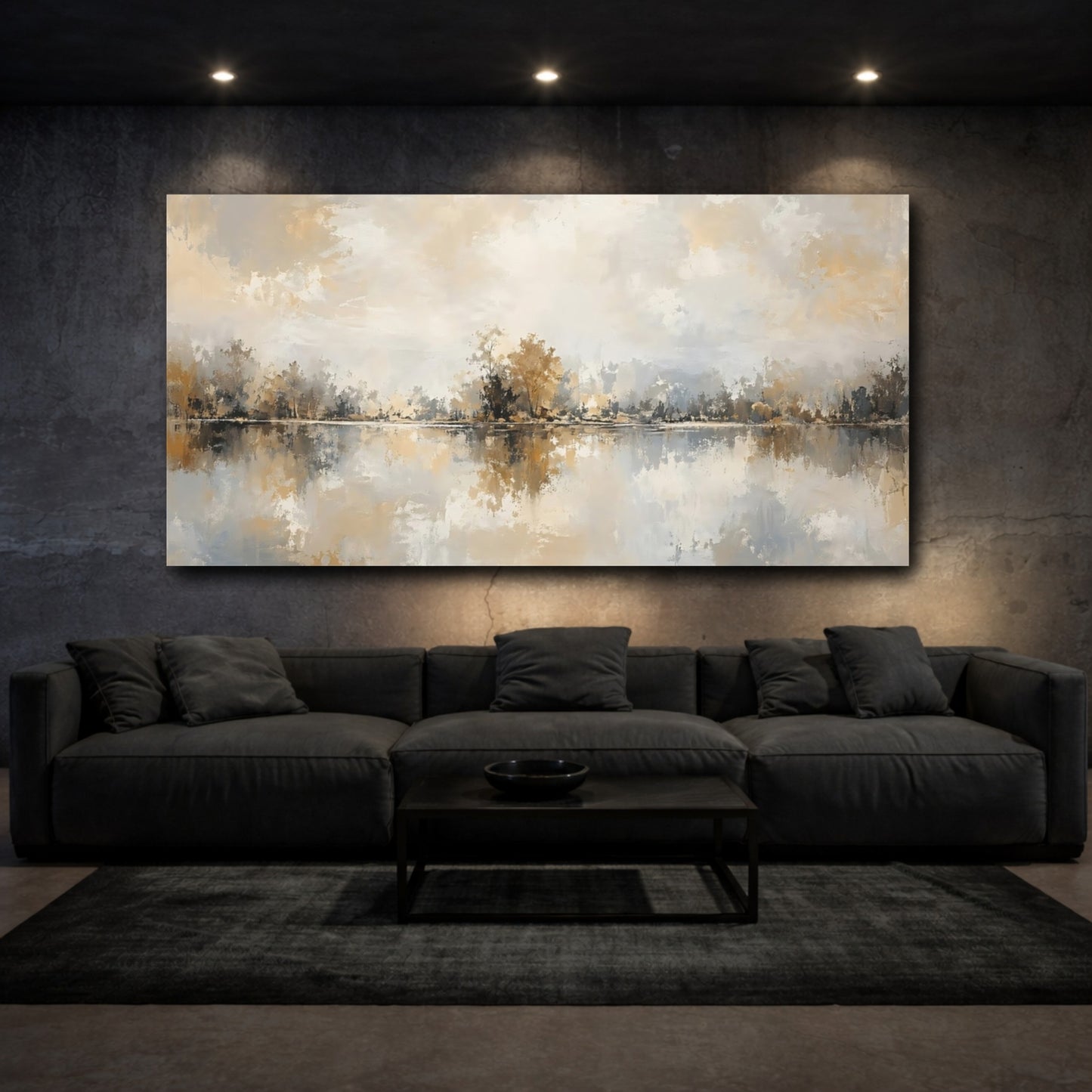 Mockup 2. Nature Lake Landscape Gold And Gray shown as stretched canvas wall art