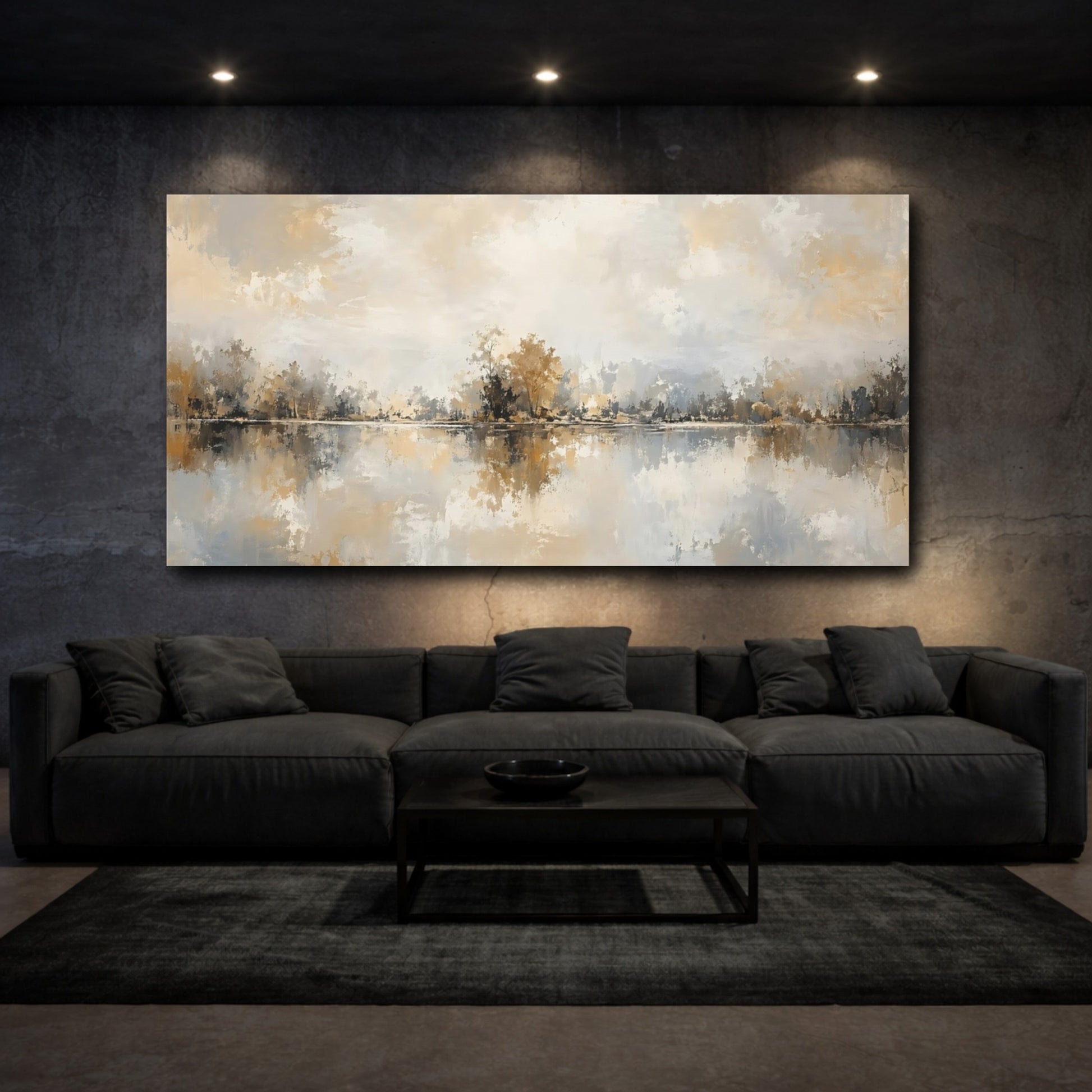 Mockup 2. Nature Lake Landscape Gold And Gray shown as stretched canvas wall art