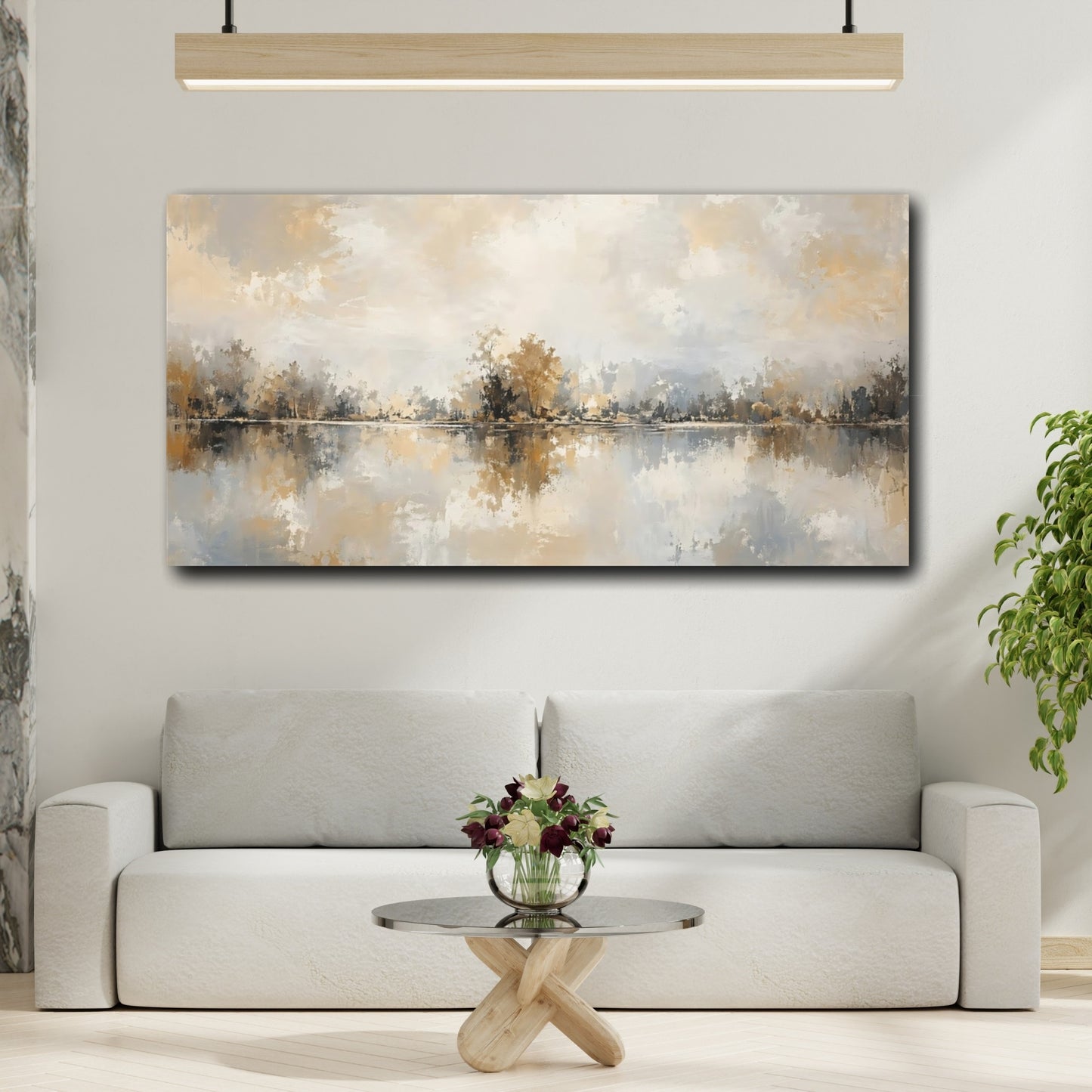 Mockup 3. Nature Lake Landscape Gold And Gray shown as stretched canvas wall art