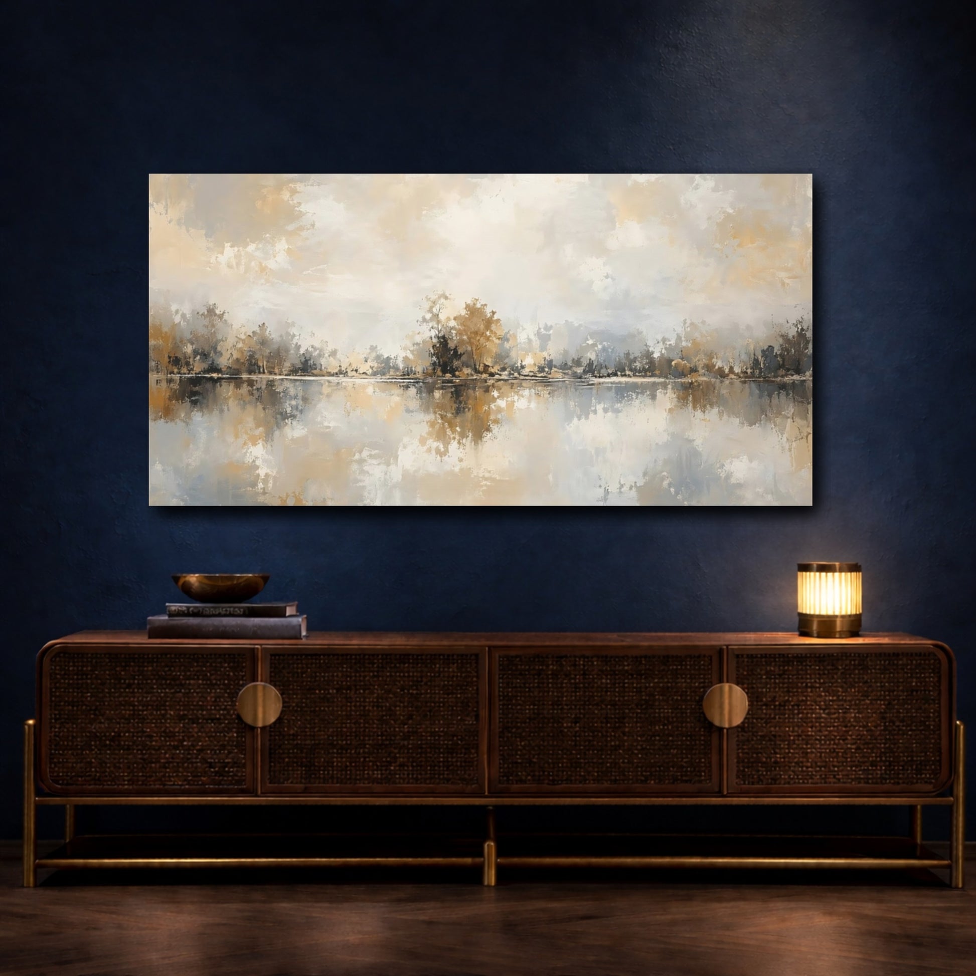 Mockup 4. Nature Lake Landscape Gold And Gray shown as stretched canvas wall art