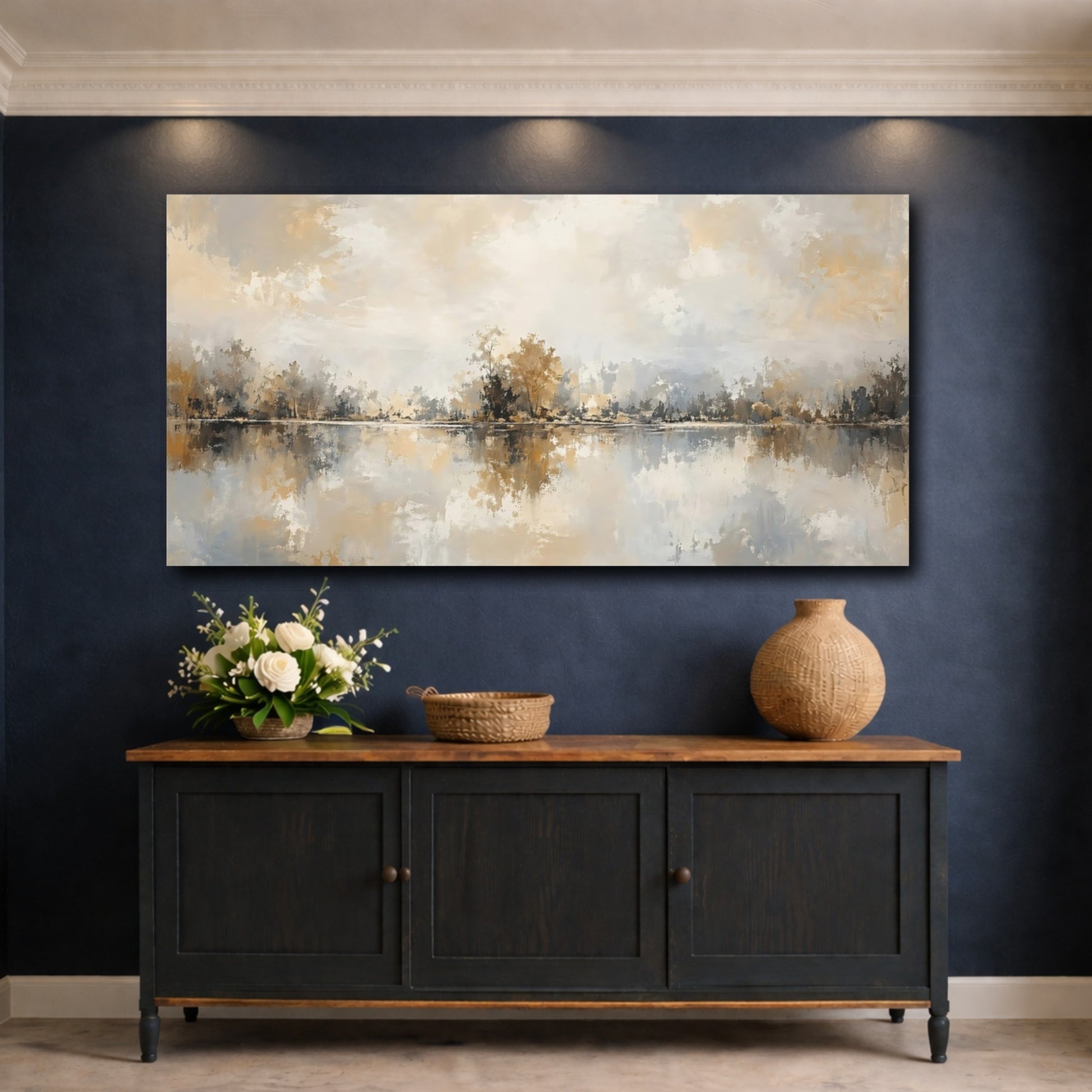 Mockup 4. Nature Lake Landscape Gold Grey Landscape shown as stretched canvas wall art