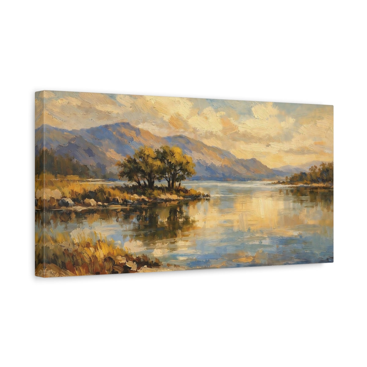 Side Mockup 3. Nature Lake Landscape Golden Lake Landscape shown as stretched canvas wall art