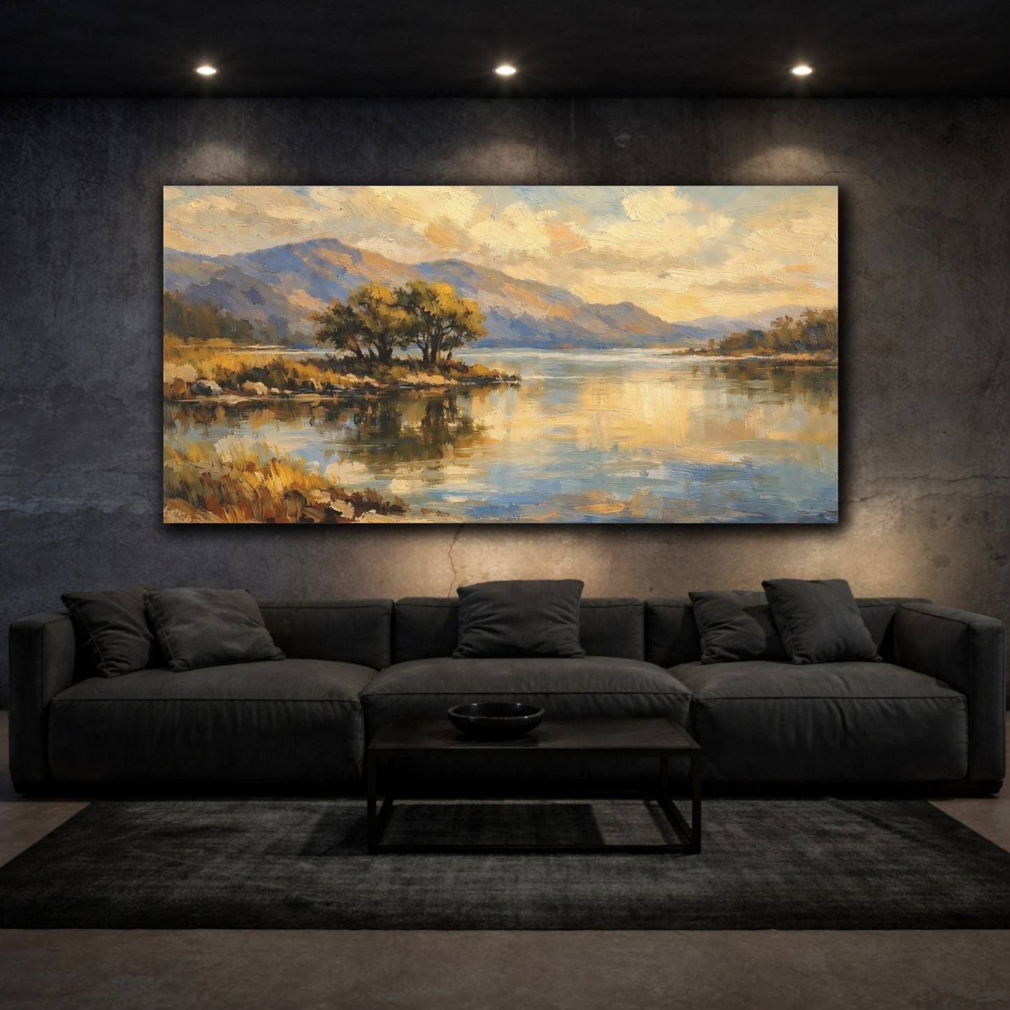 Mockup 2. Nature Lake Landscape Golden Lake Landscape shown as stretched canvas wall art
