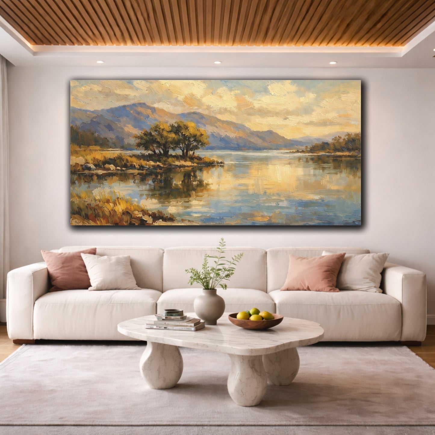 Mockup 3. Nature Lake Landscape Golden Lake Landscape shown as stretched canvas wall art