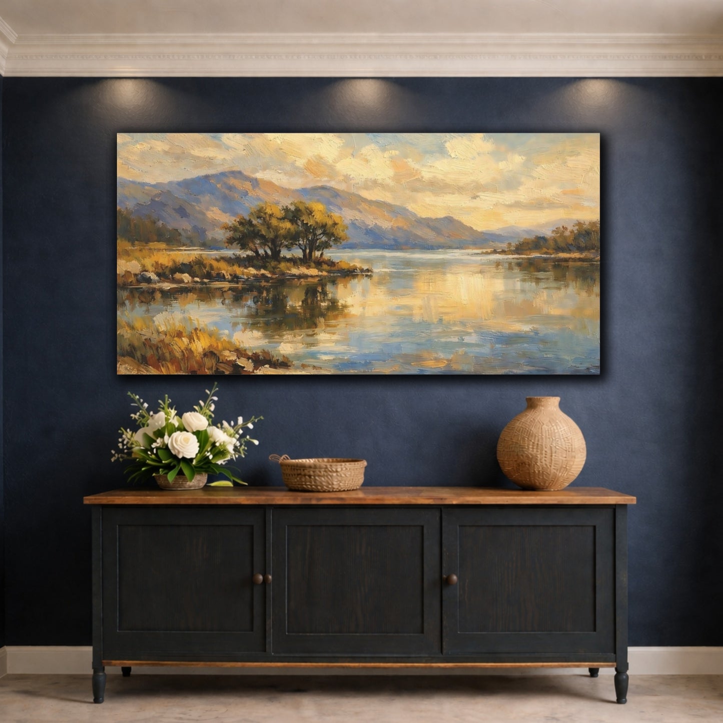 Mockup 4. Nature Lake Landscape Golden Lake Landscape shown as stretched canvas wall art