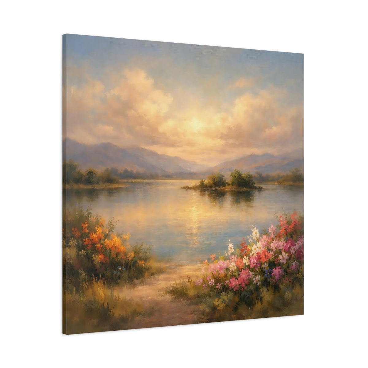 Main Mockup. Nature Lake Landscape Lake Mountain Sunset shown as stretched canvas wall art