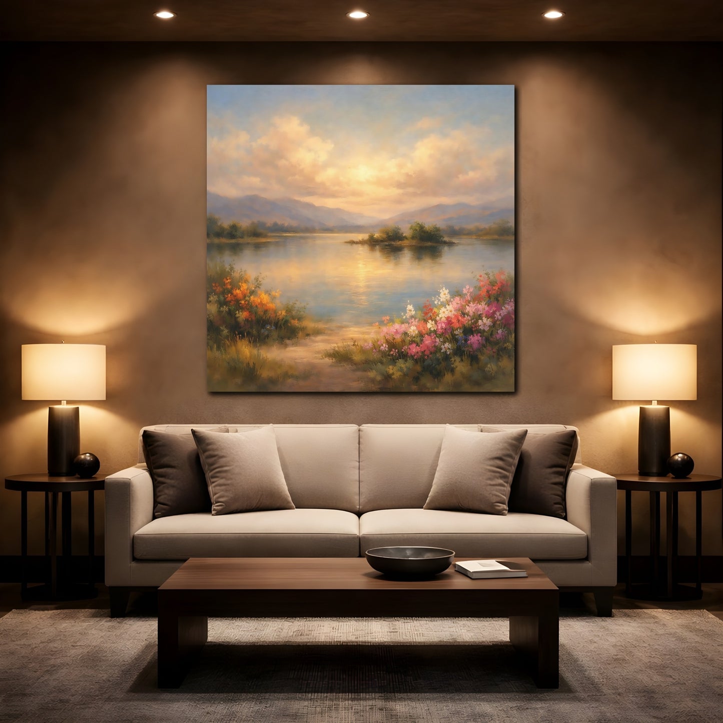 Mockup 2. Nature Lake Landscape Lake Mountain Sunset shown as stretched canvas wall art