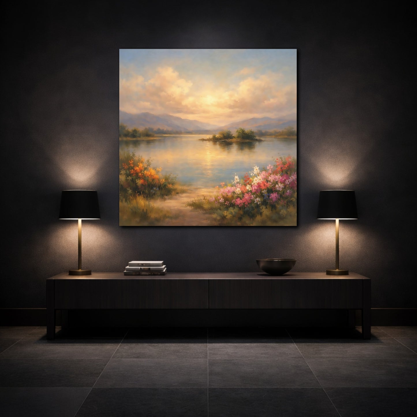 Mockup 3. Nature Lake Landscape Lake Mountain Sunset shown as stretched canvas wall art
