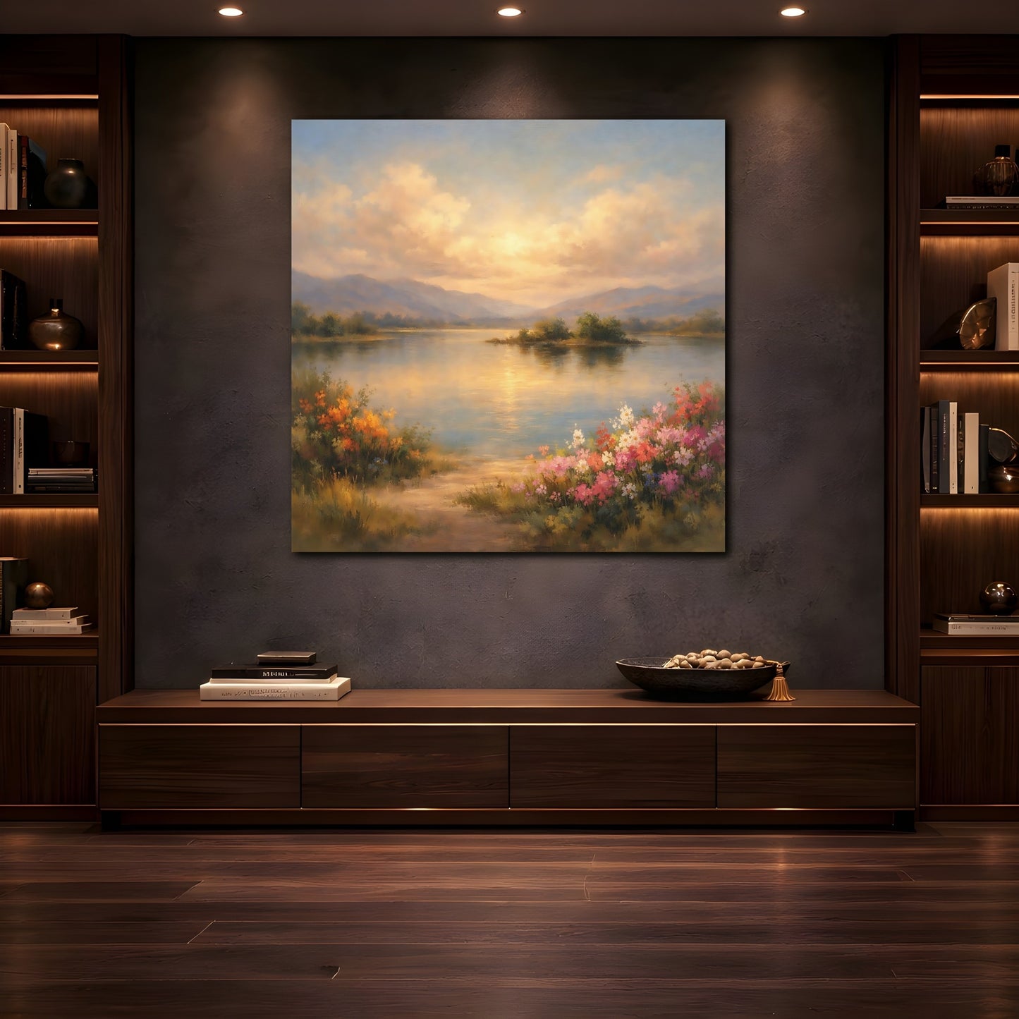 Mockup 4. Nature Lake Landscape Lake Mountain Sunset shown as stretched canvas wall art