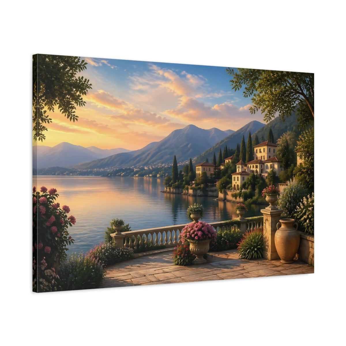 Main Mockup. Nature Lake Landscape Lakeside Sunset shown as stretched canvas wall art