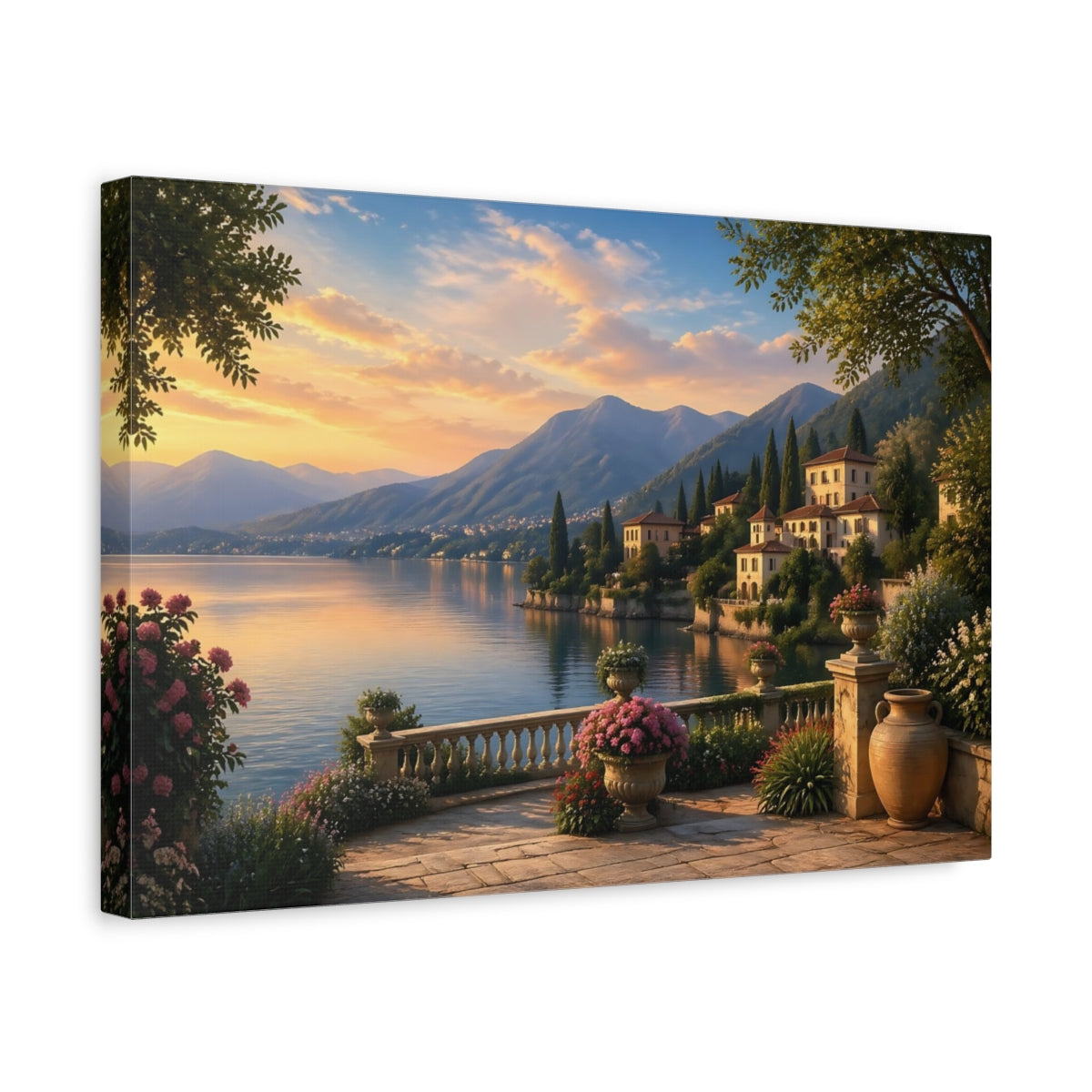 Side Mockup 4. Nature Lake Landscape Lakeside Sunset shown as stretched canvas wall art