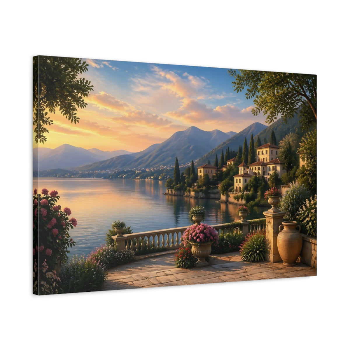 Side Mockup 2. Nature Lake Landscape Lakeside Sunset shown as stretched canvas wall art
