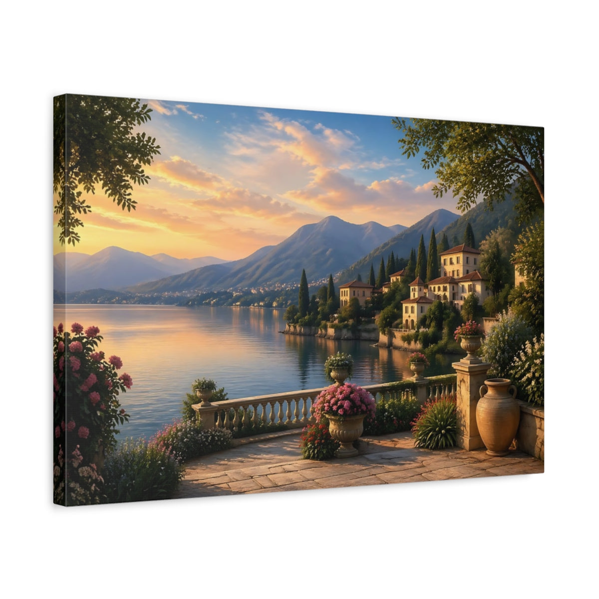 Side Mockup 3. Nature Lake Landscape Lakeside Sunset shown as stretched canvas wall art