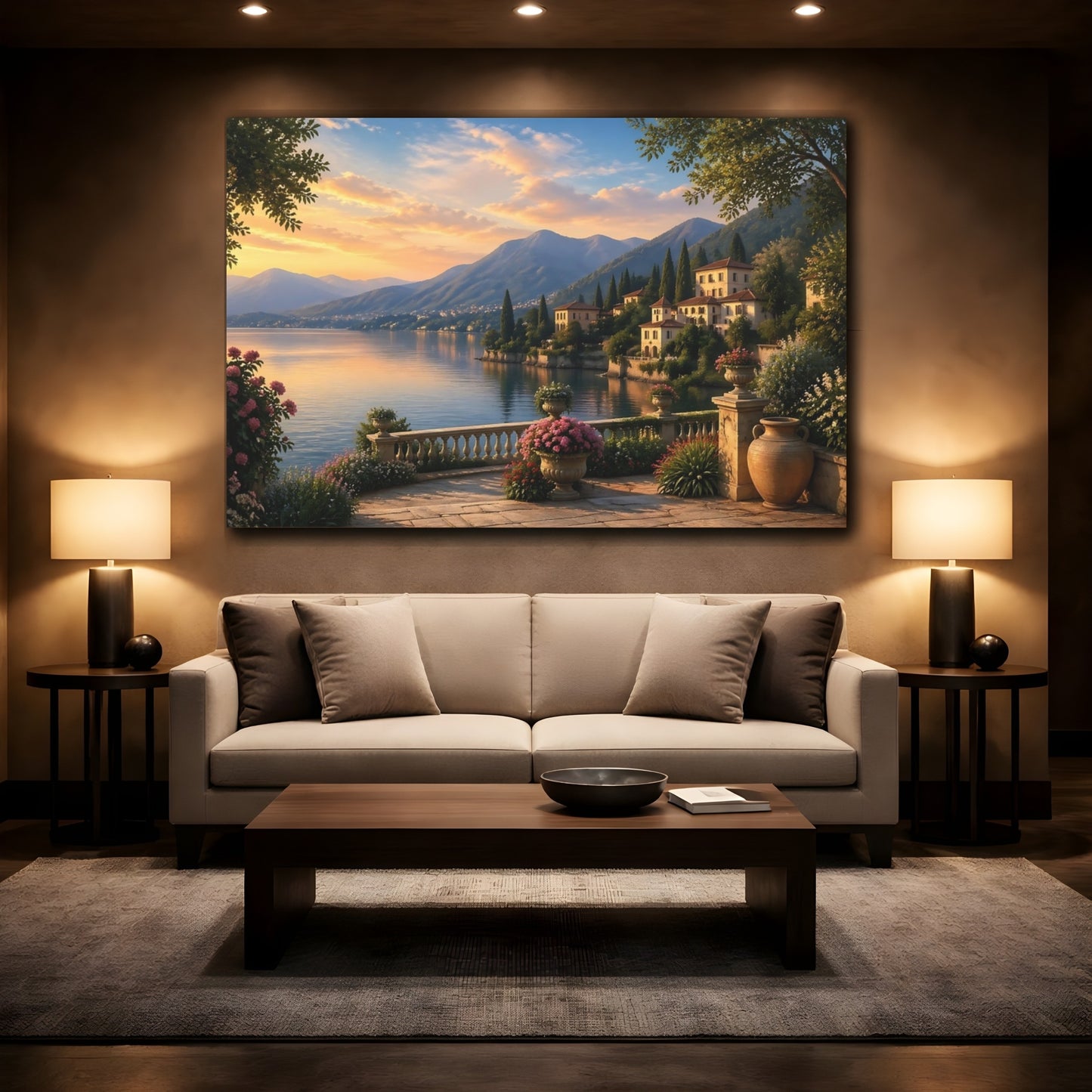 Mockup 2. Nature Lake Landscape Lakeside Sunset shown as stretched canvas wall art