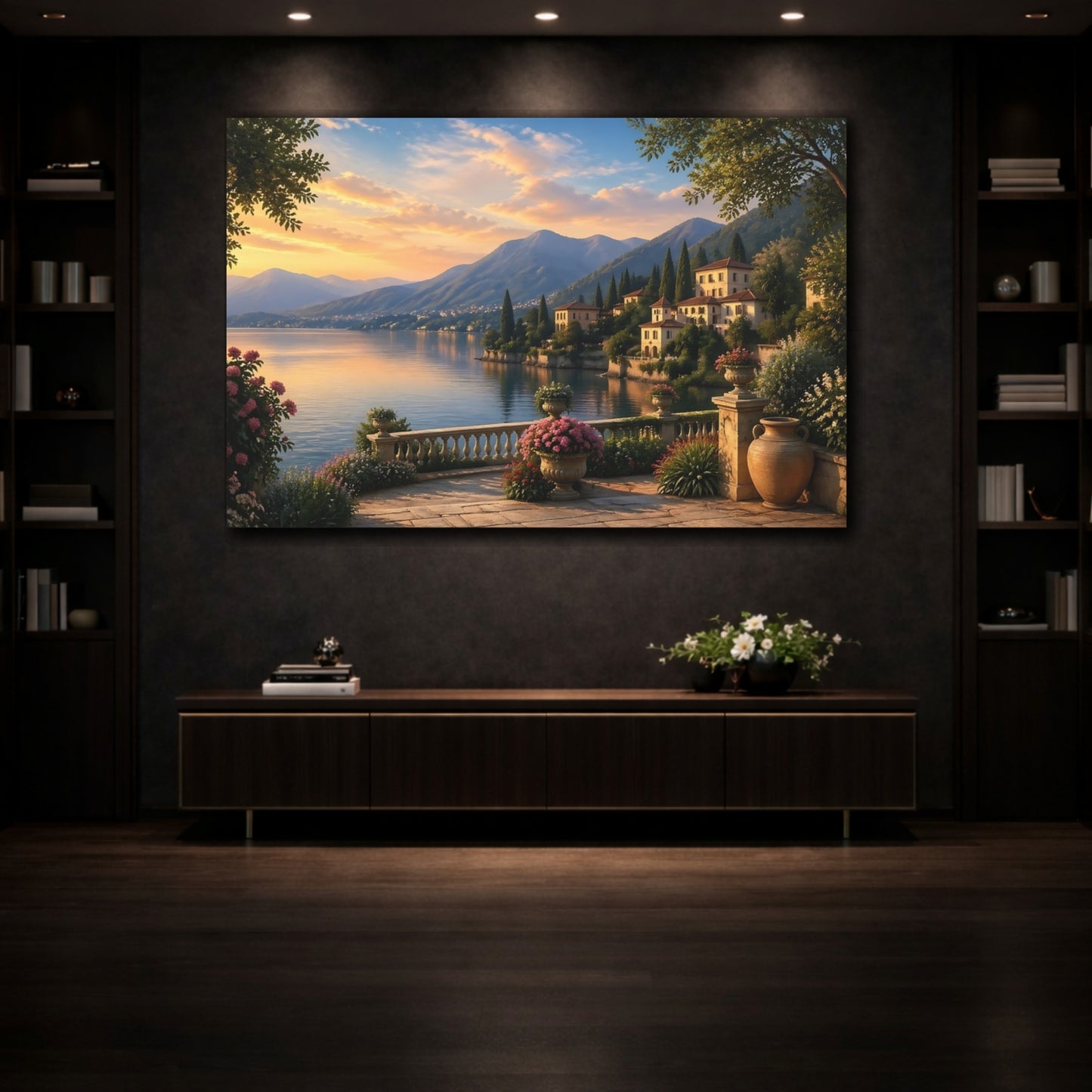 Mockup 3. Nature Lake Landscape Lakeside Sunset shown as stretched canvas wall art