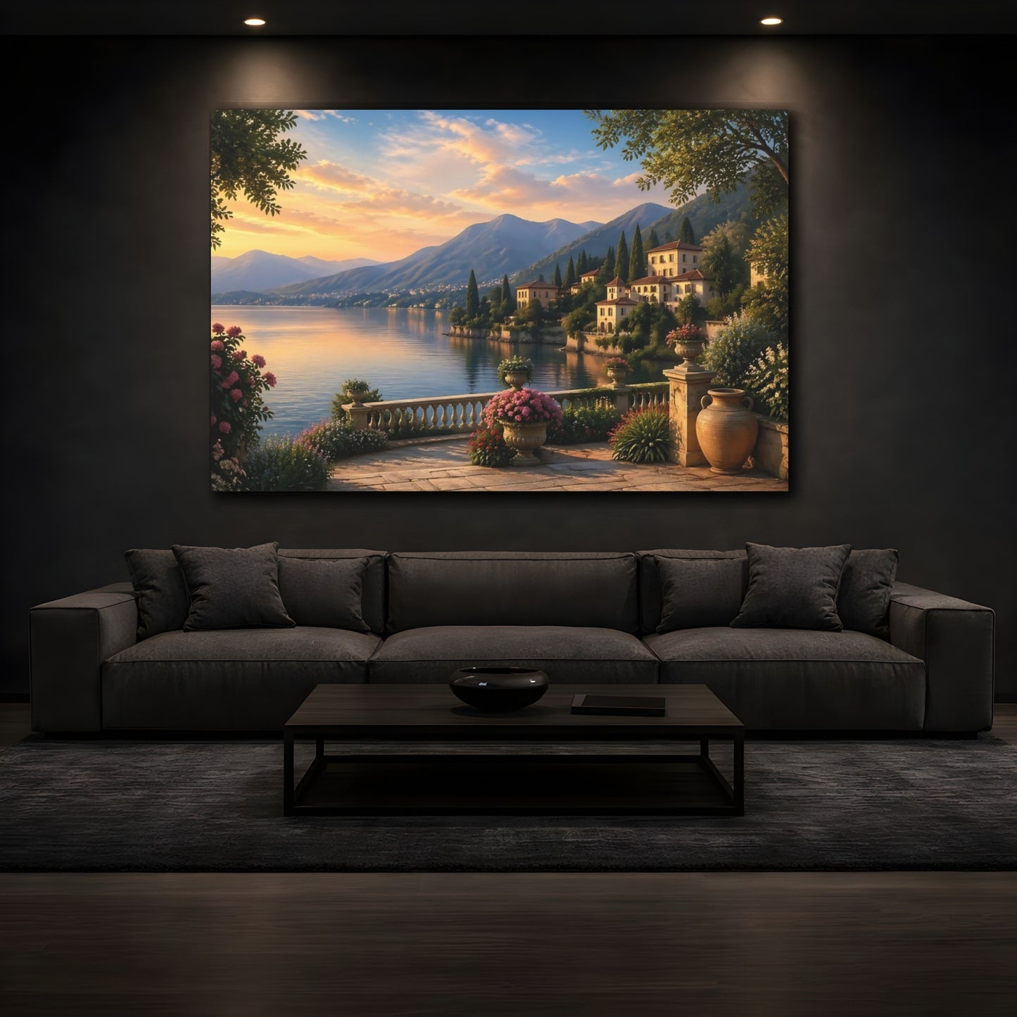 Mockup 4. Nature Lake Landscape Lakeside Sunset shown as stretched canvas wall art