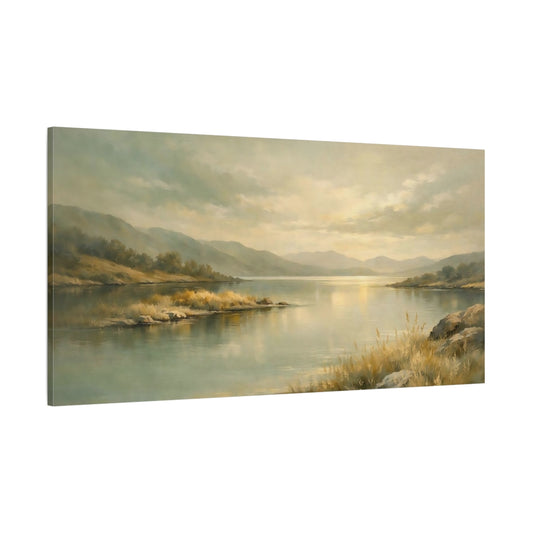Main Mockup. Nature Lake Landscape Soft Greens And Gold shown as stretched canvas wall art