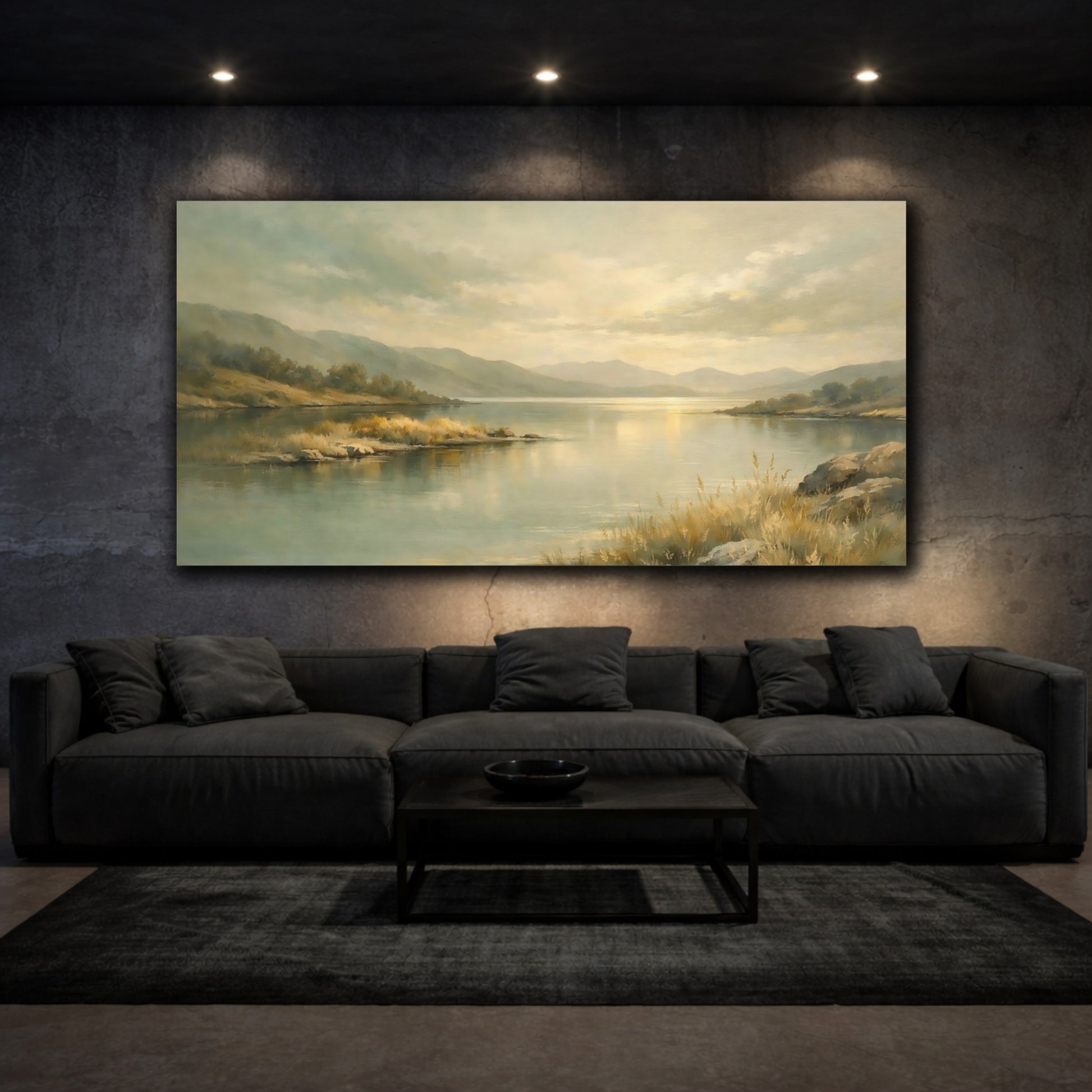 Mockup 2. Nature Lake Landscape Soft Greens And Gold shown as stretched canvas wall art