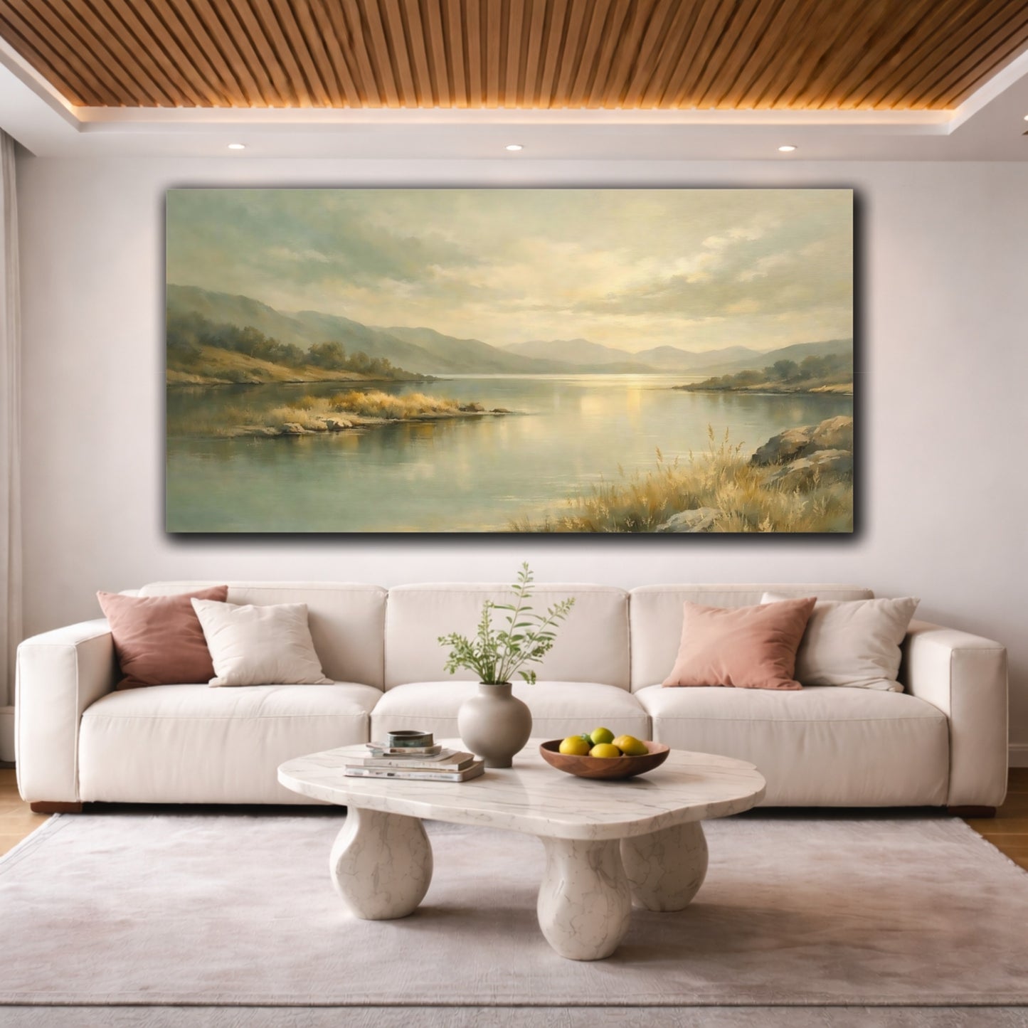 Mockup 3. Nature Lake Landscape Soft Greens And Gold shown as stretched canvas wall art