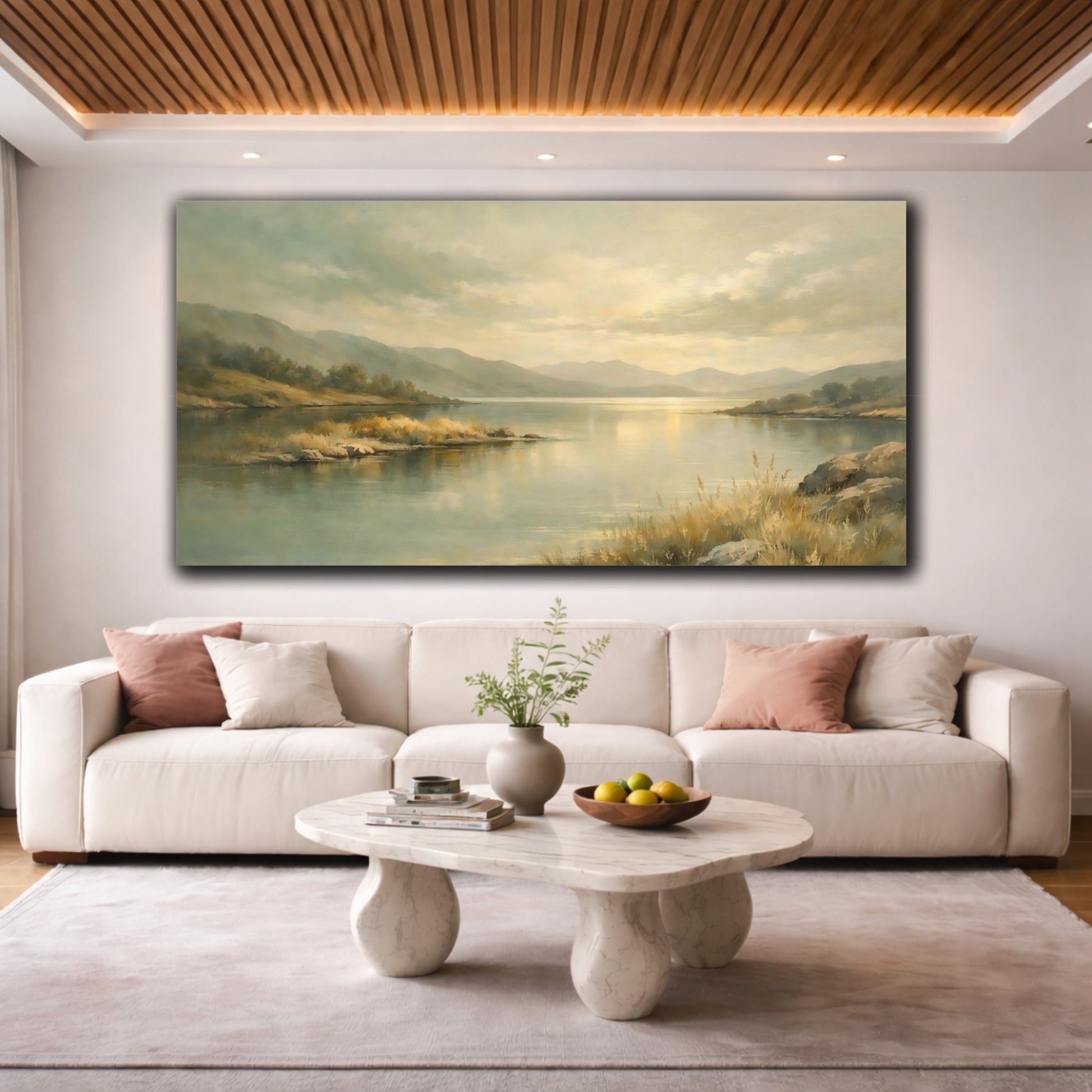 Mockup 3. Nature Lake Landscape Soft Greens And Gold shown as stretched canvas wall art