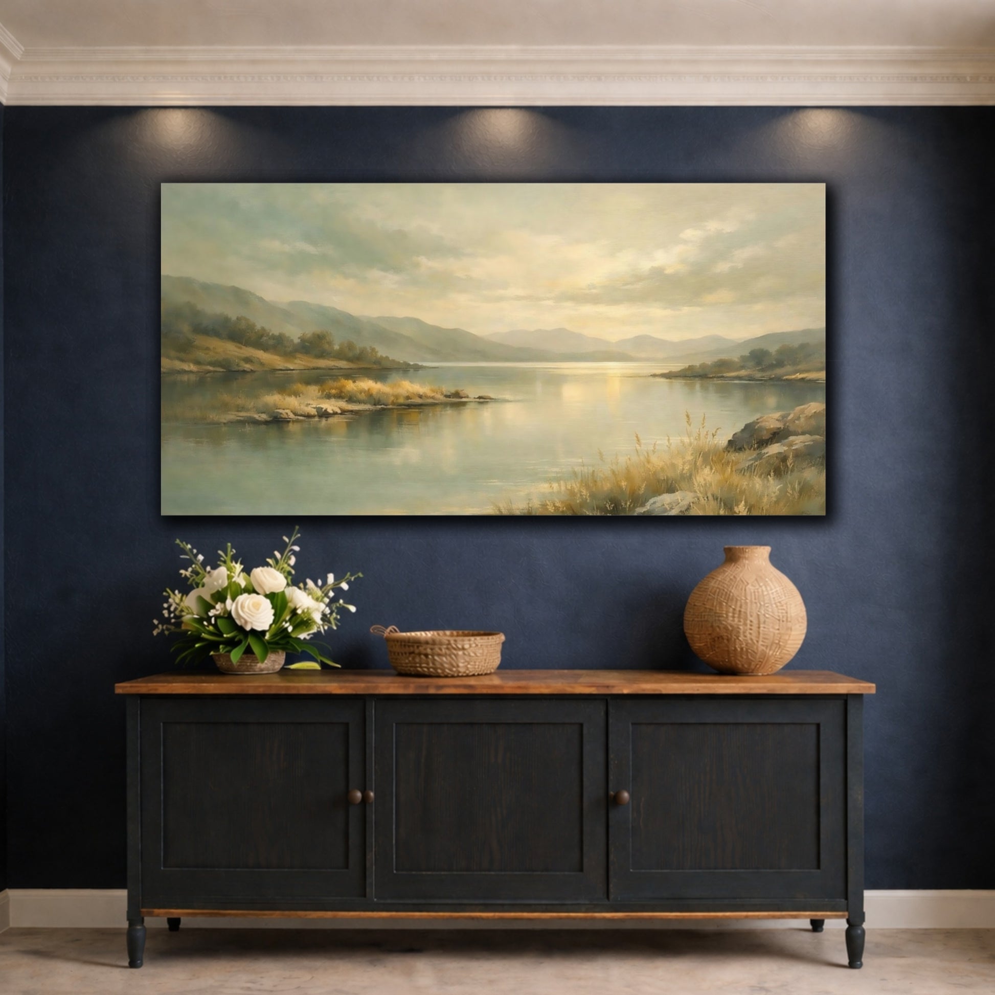 Mockup 4. Nature Lake Landscape Soft Greens And Gold shown as stretched canvas wall art