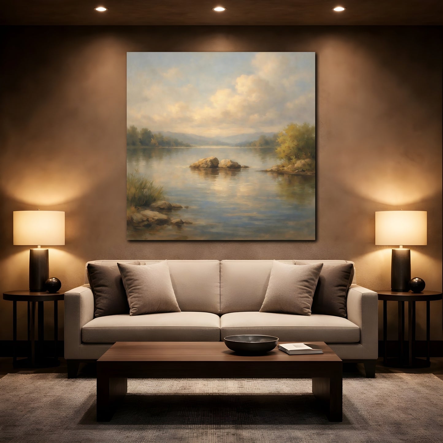 Mockup 2. Nature Lake Landscape Tranquil Lake Scene shown as stretched canvas wall art
