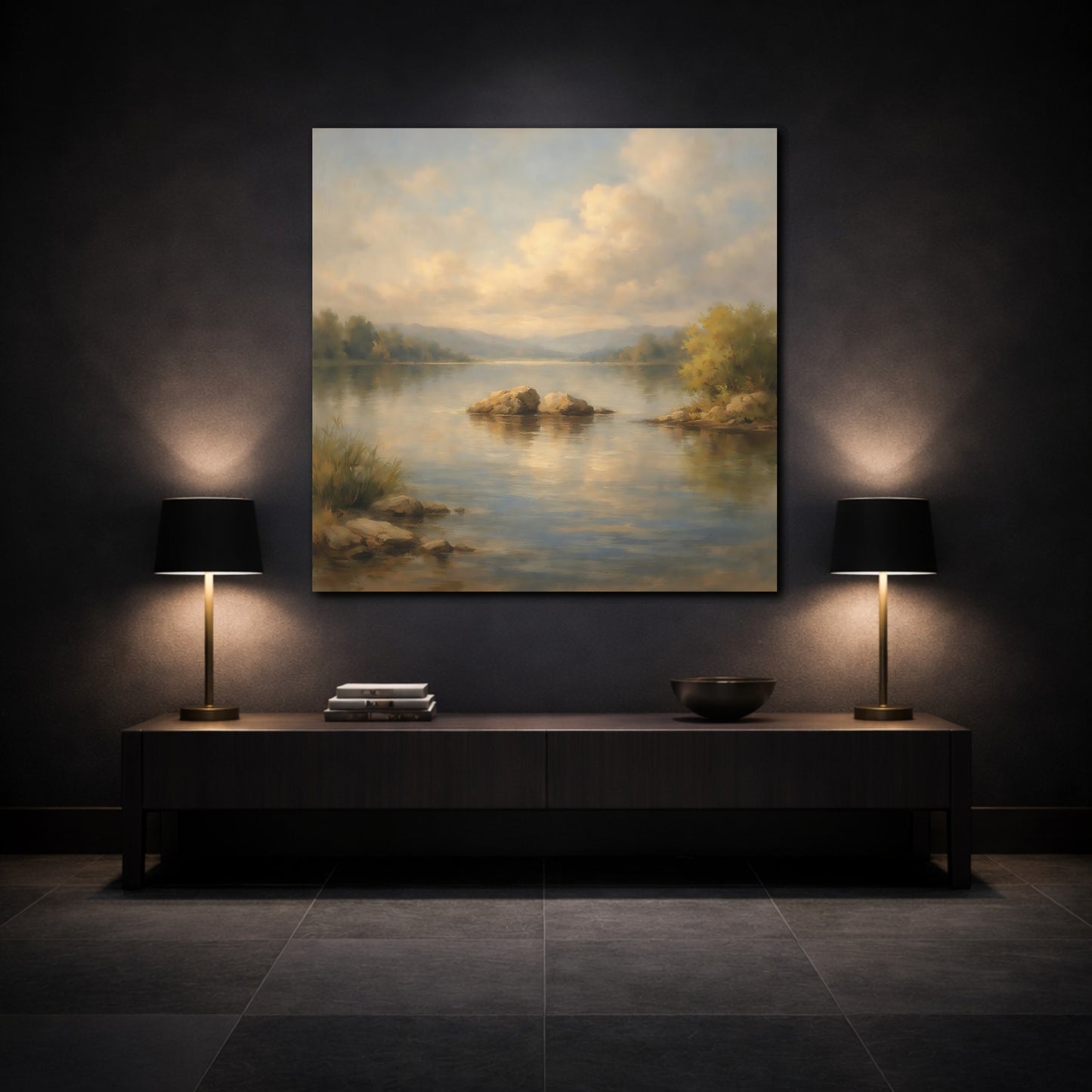Mockup 3. Nature Lake Landscape Tranquil Lake Scene shown as stretched canvas wall art