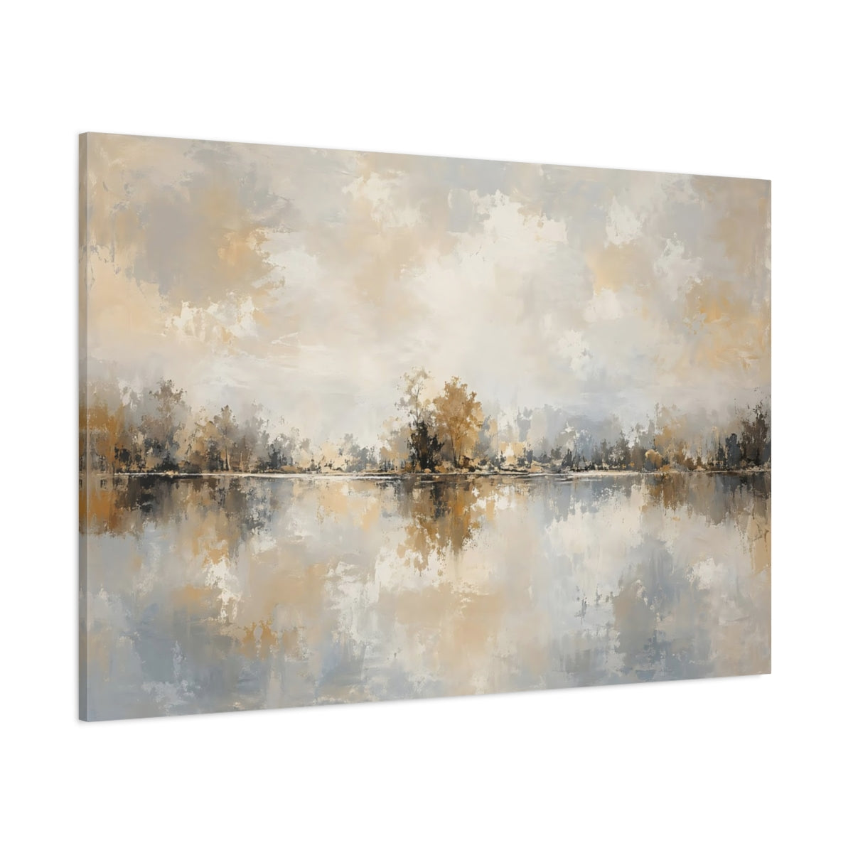 Side Mockup 1. Nature Lake Landscape Warm Grey Landscape shown as stretched canvas wall art