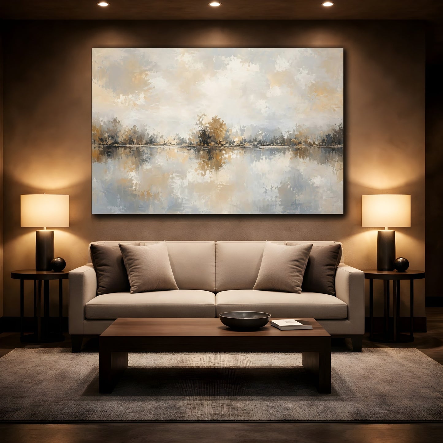 Mockup 2. Nature Lake Landscape Warm Grey Landscape shown as stretched canvas wall art