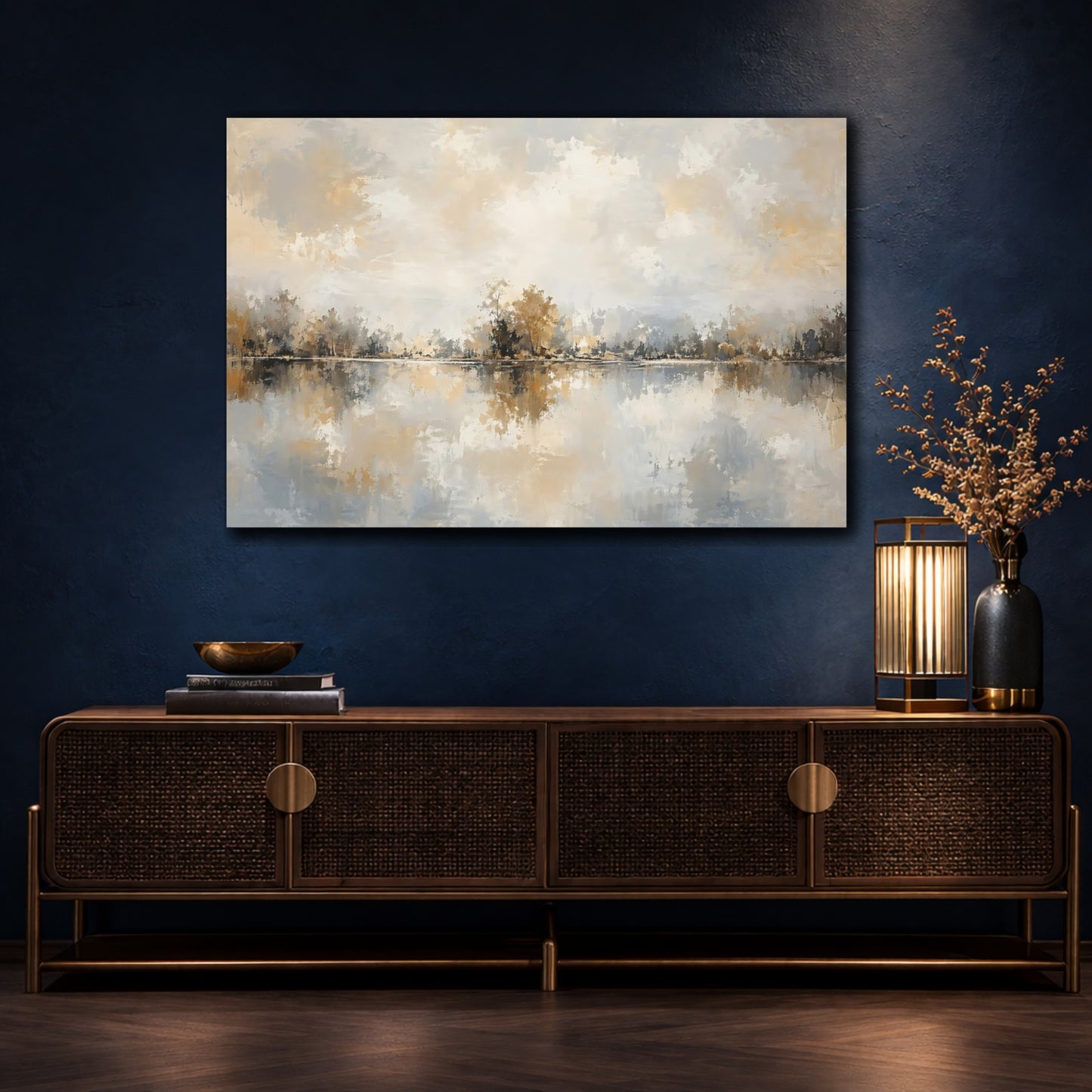 Mockup 4. Nature Lake Landscape Warm Grey Landscape shown as stretched canvas wall art