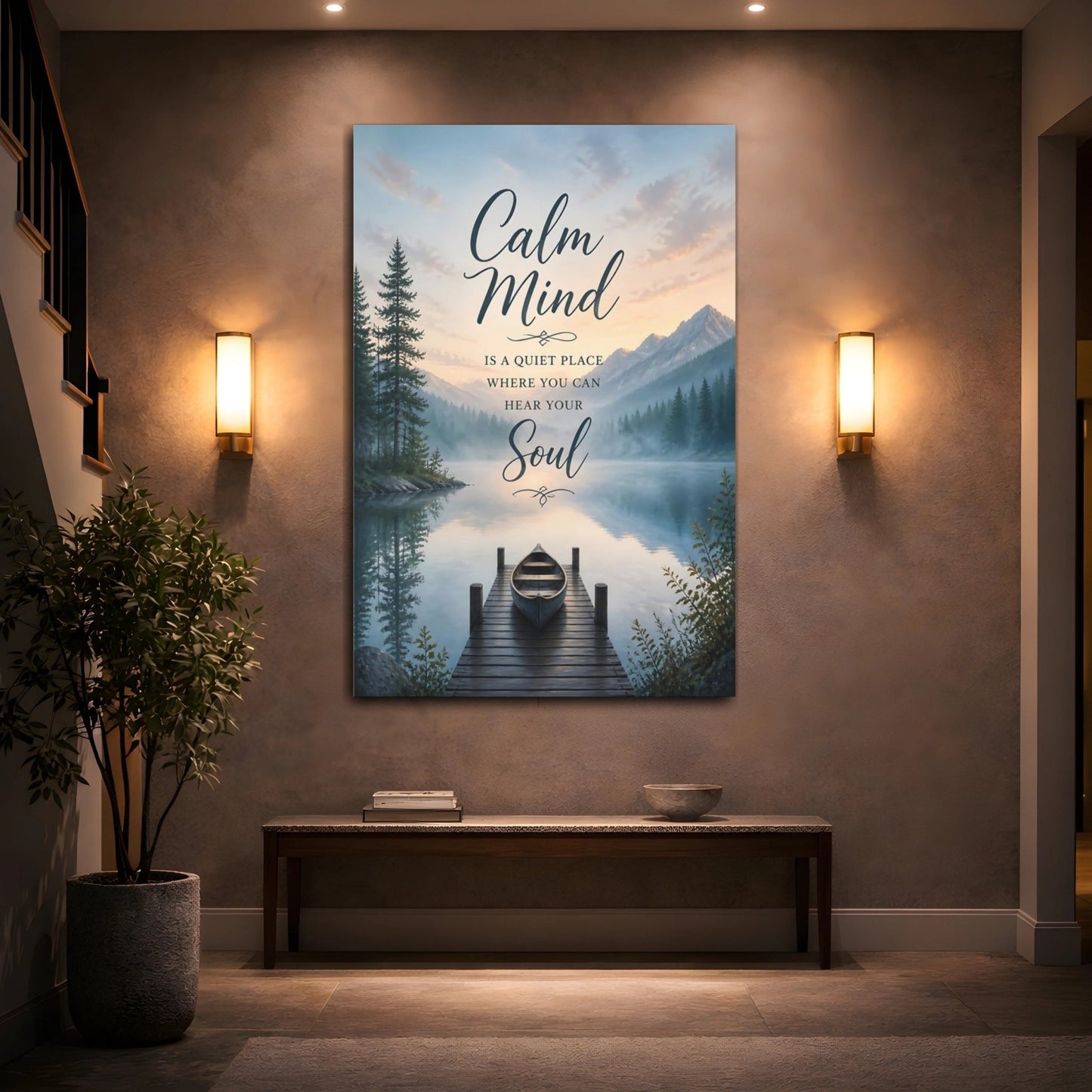 Nature Lake Mountain Calm Mind Quote Canvas Print – Scenic Living Room, Large Wall - YesArtYes
