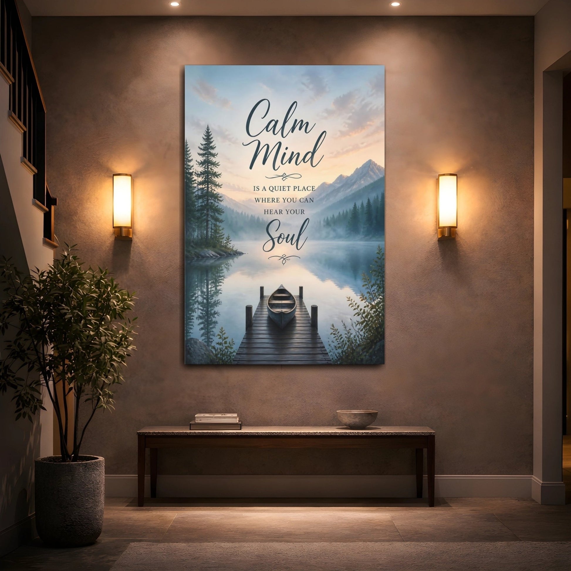 Nature Lake Mountain Calm Mind Quote Canvas Print – Scenic Living Room, Large Wall - YesArtYes