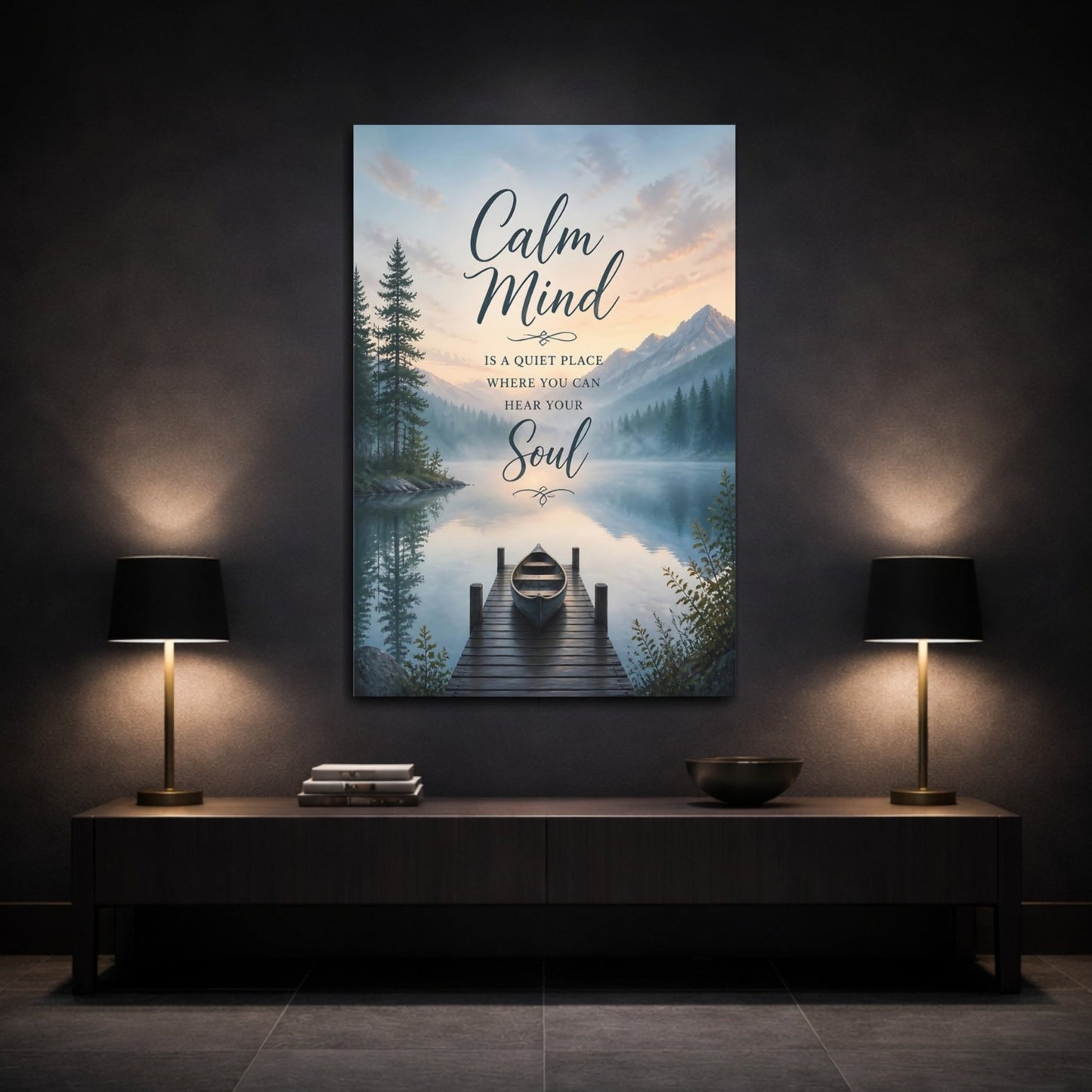 Nature Lake Mountain Calm Mind Quote Canvas Print – Scenic Living Room, Large Wall - YesArtYes