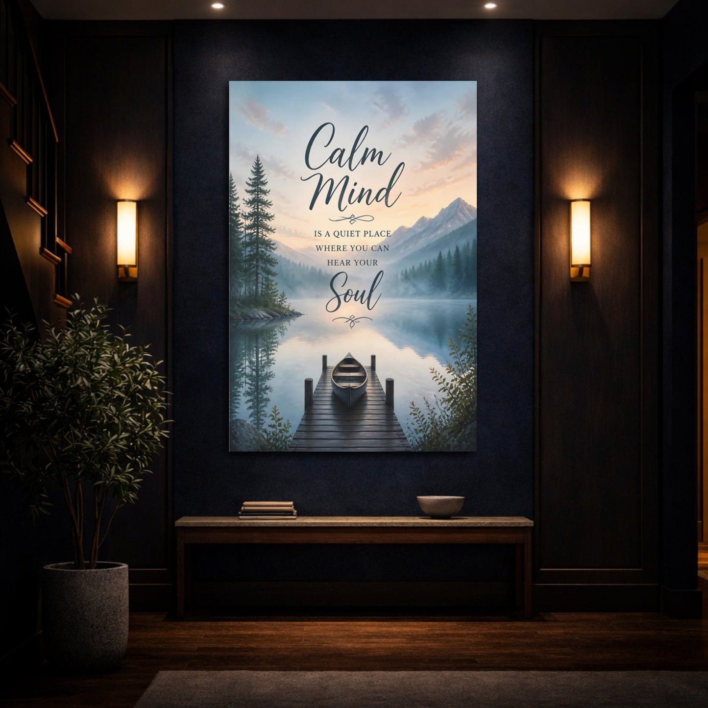 Nature Lake Mountain Calm Mind Quote Canvas Print – Scenic Living Room, Large Wall - YesArtYes