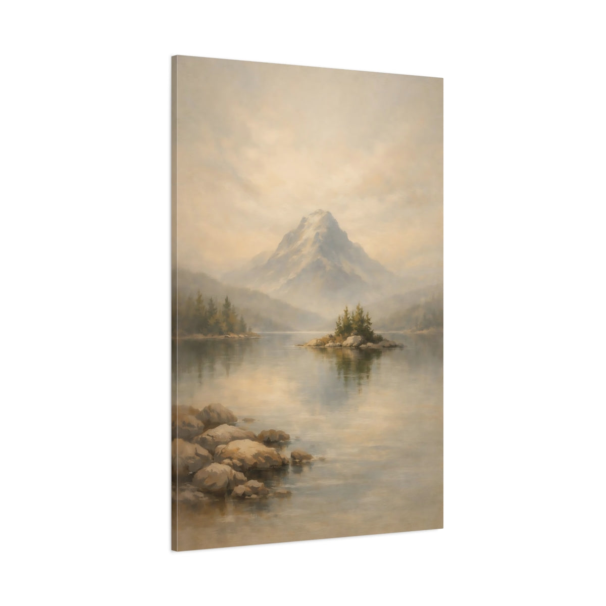 Main Mockup. Nature Lake Mountain Misty Mountain Lake shown as stretched canvas wall art