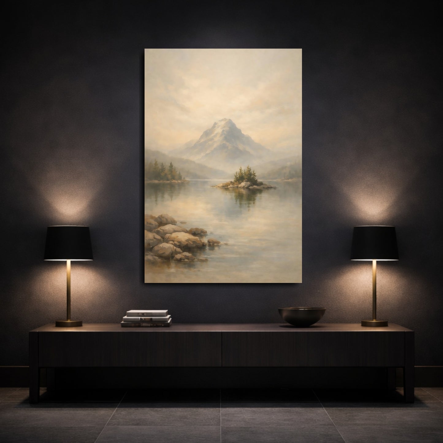 Mockup 2. Nature Lake Mountain Misty Mountain Lake shown as stretched canvas wall art