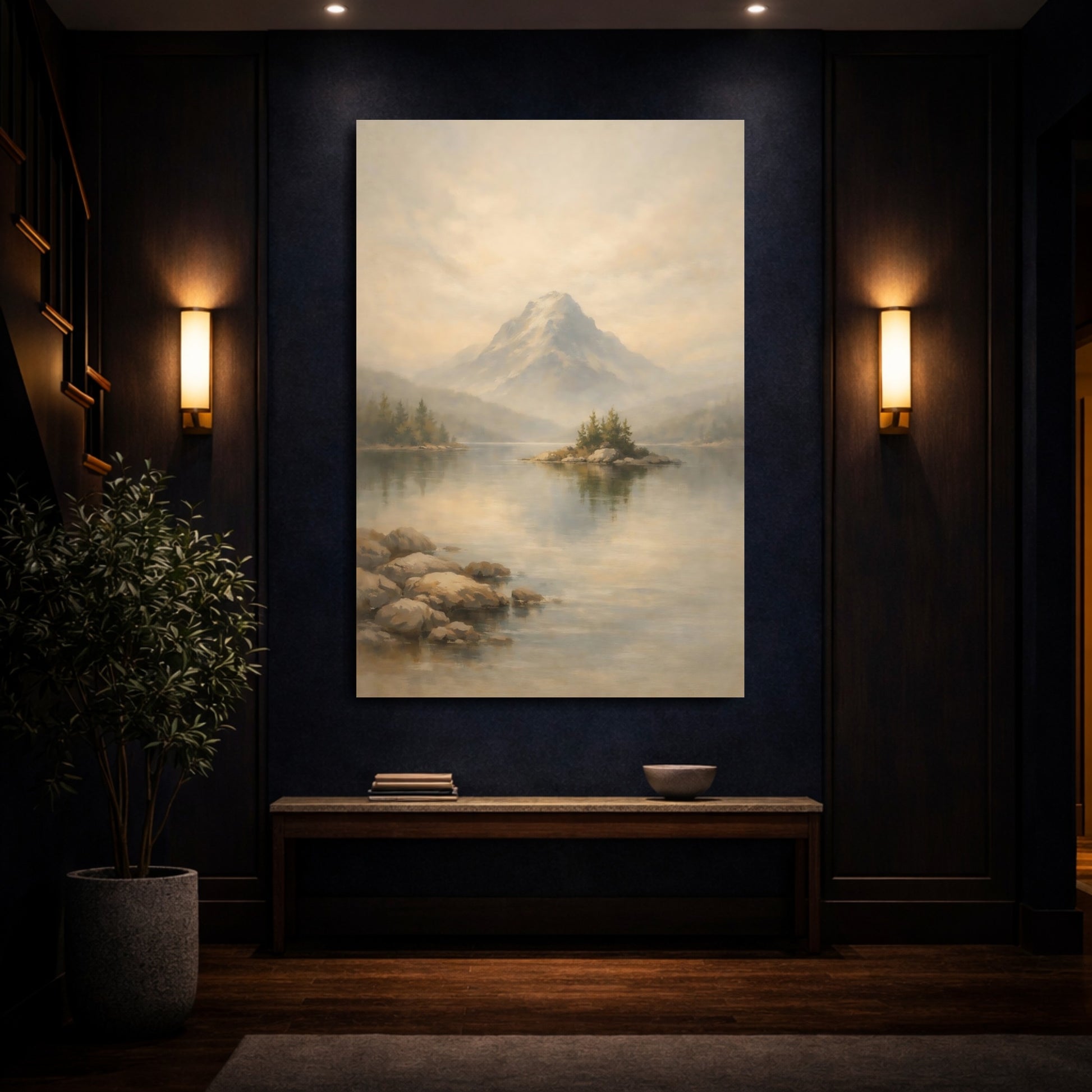 Mockup 3. Nature Lake Mountain Misty Mountain Lake shown as stretched canvas wall art