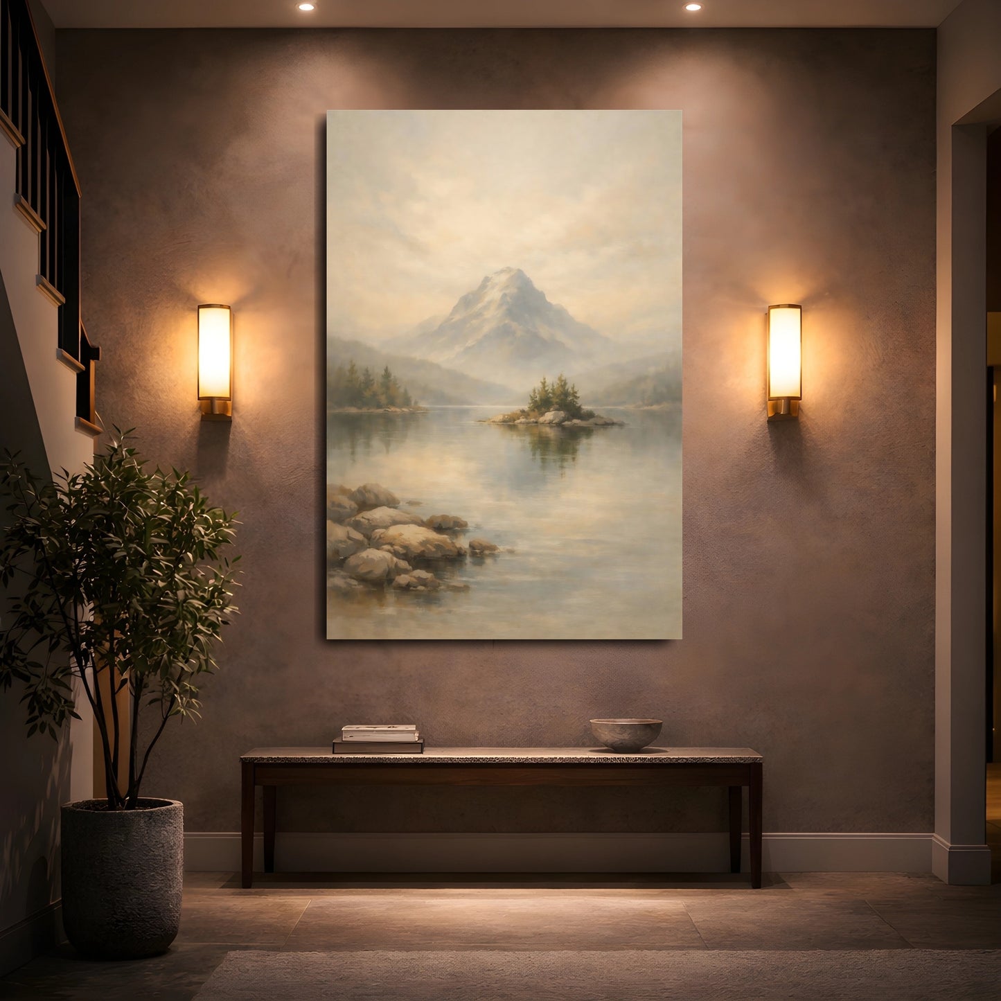 Mockup 4. Nature Lake Mountain Misty Mountain Lake shown as stretched canvas wall art
