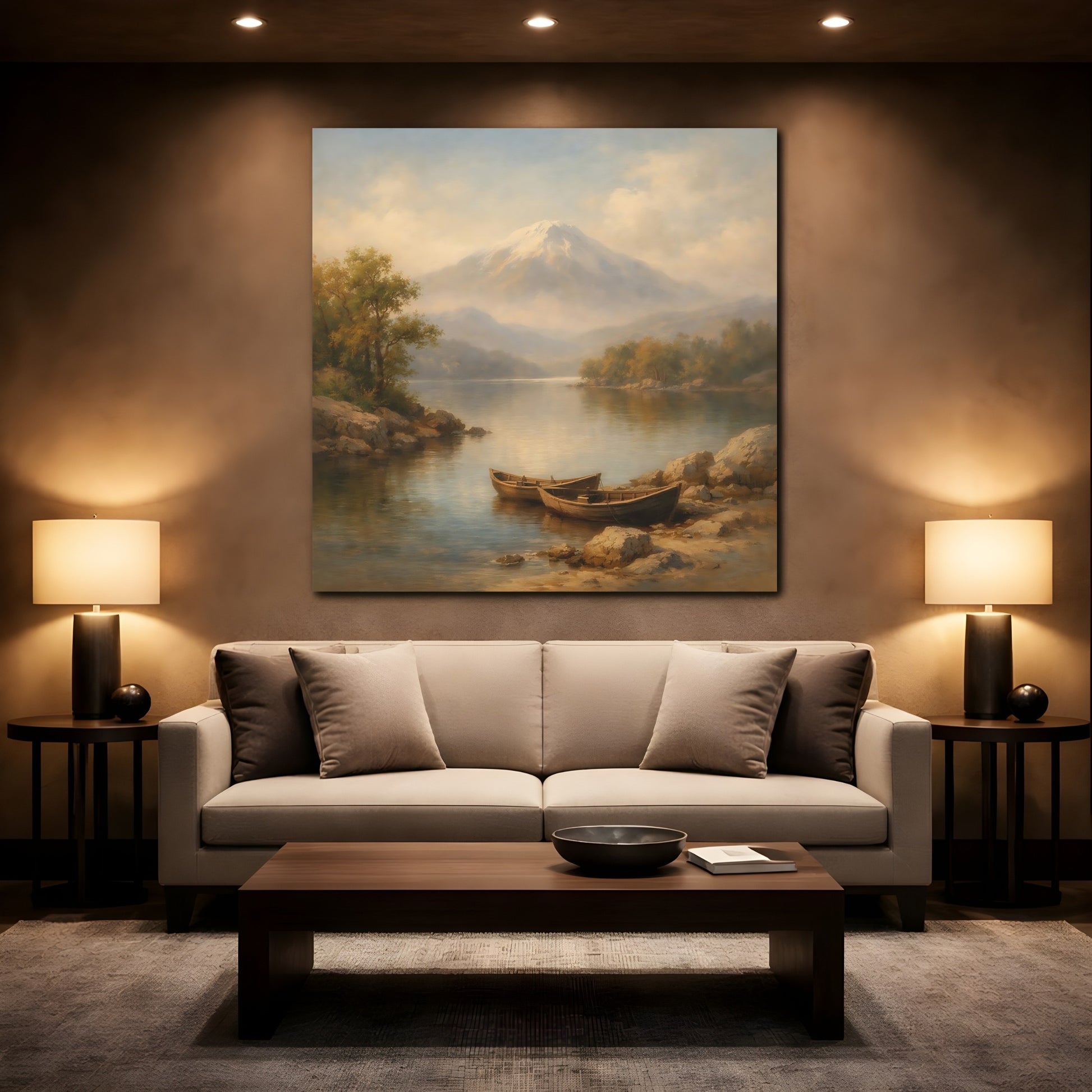 Mockup 2. Nature Lake Mountain Mountain Lake Landscape shown as stretched canvas wall art