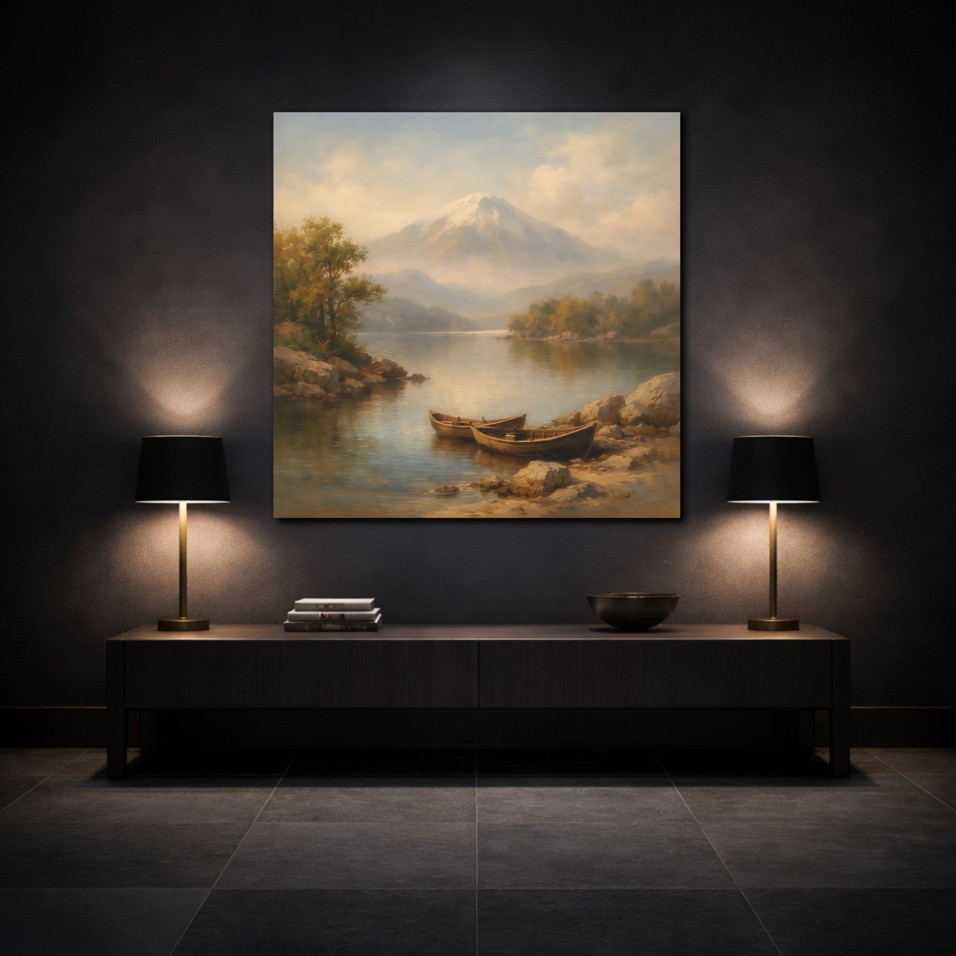 Mockup 3. Nature Lake Mountain Mountain Lake Landscape shown as stretched canvas wall art