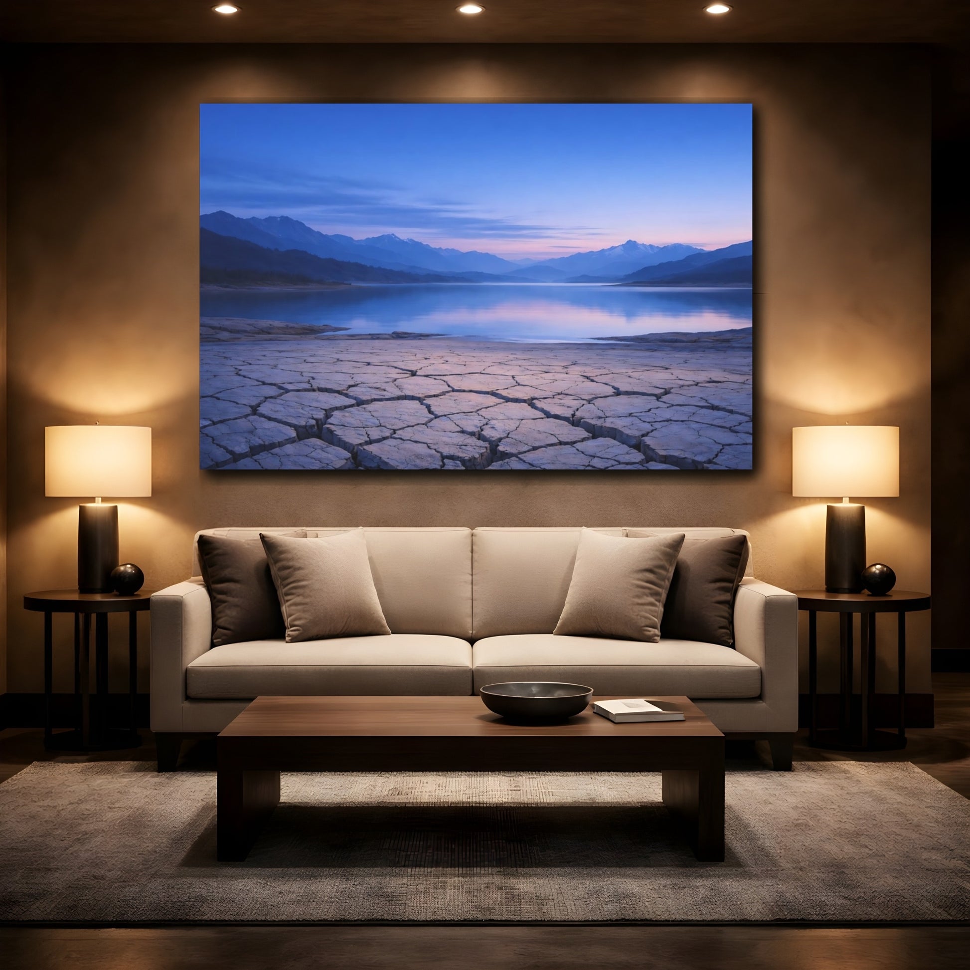 Mockup 3. Nature Lake Mountains Blue Mountain Lake shown as stretched canvas wall art