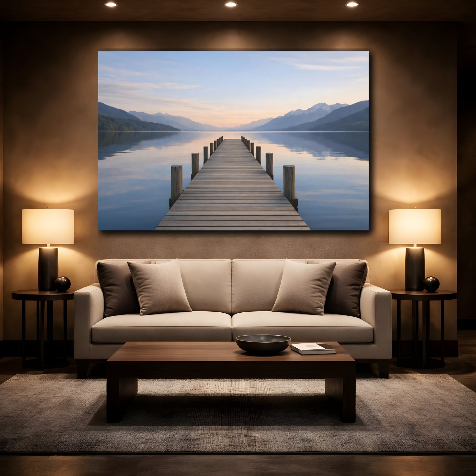 Mockup 2. Nature Lake Pier Lake Pier Serenity shown as stretched canvas wall art