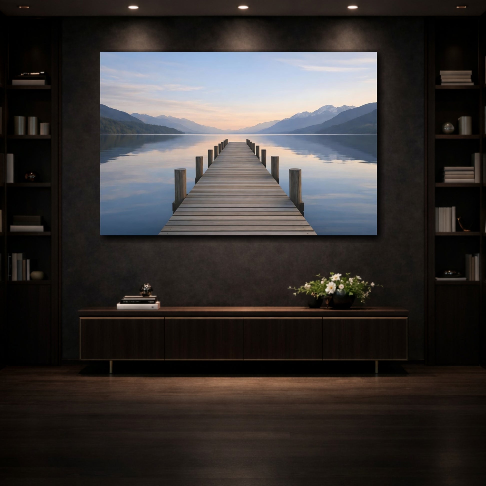 Mockup 3. Nature Lake Pier Lake Pier Serenity shown as stretched canvas wall art