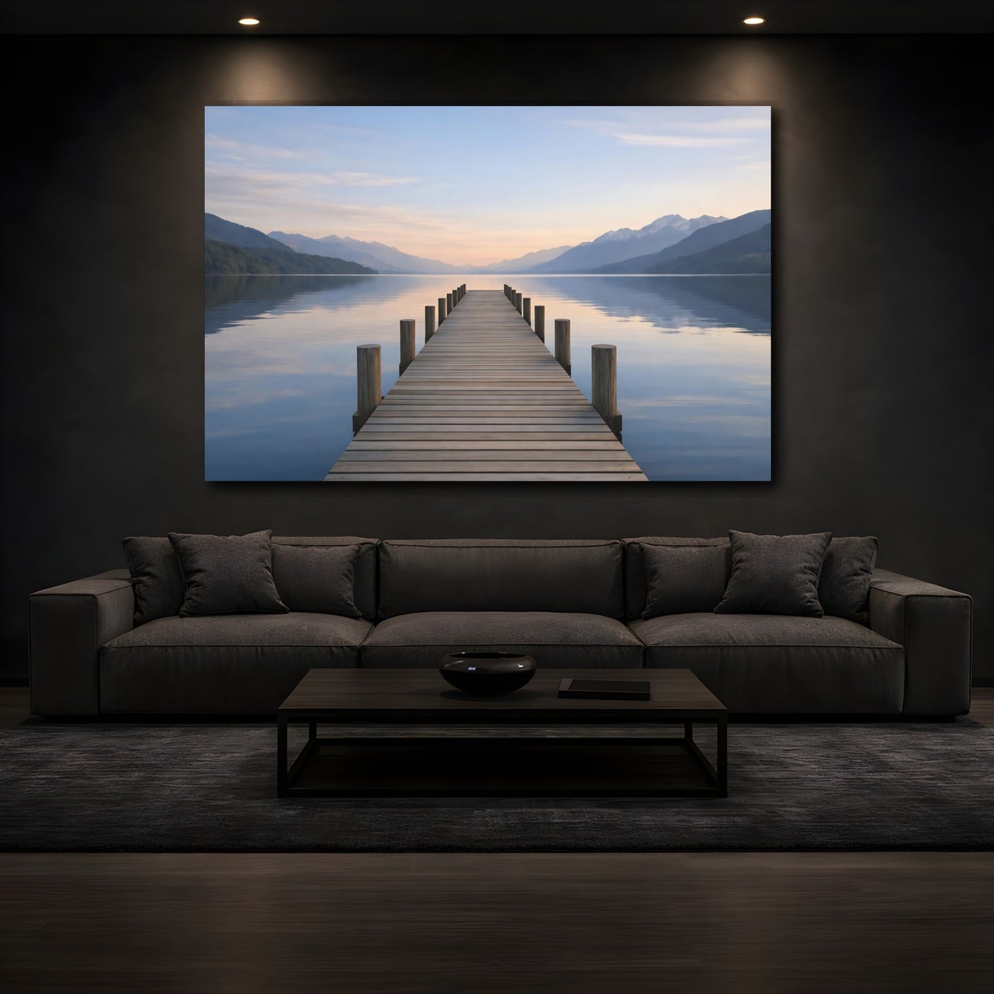 Mockup 4. Nature Lake Pier Lake Pier Serenity shown as stretched canvas wall art