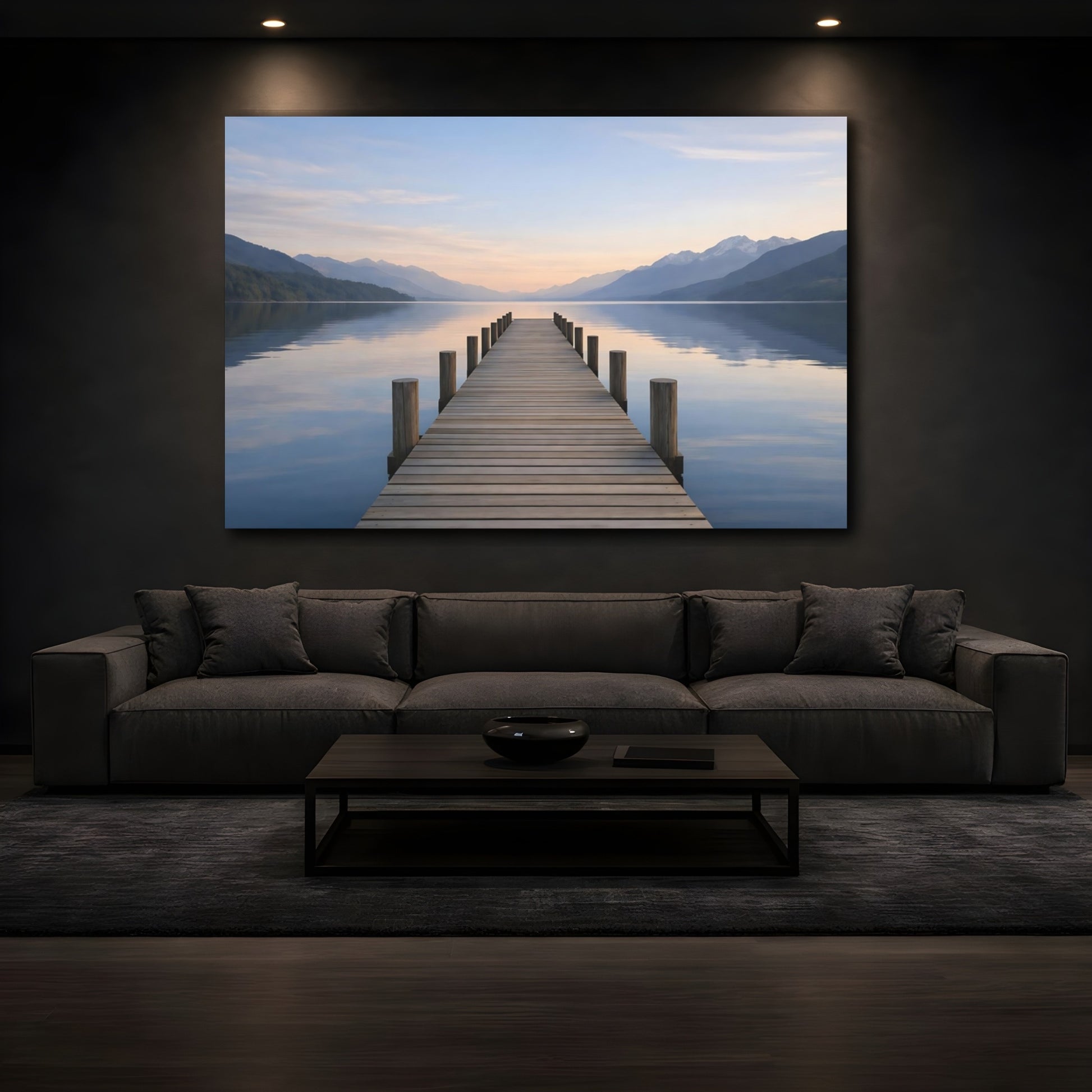 Mockup 4. Nature Lake Pier Lake Pier Serenity shown as stretched canvas wall art